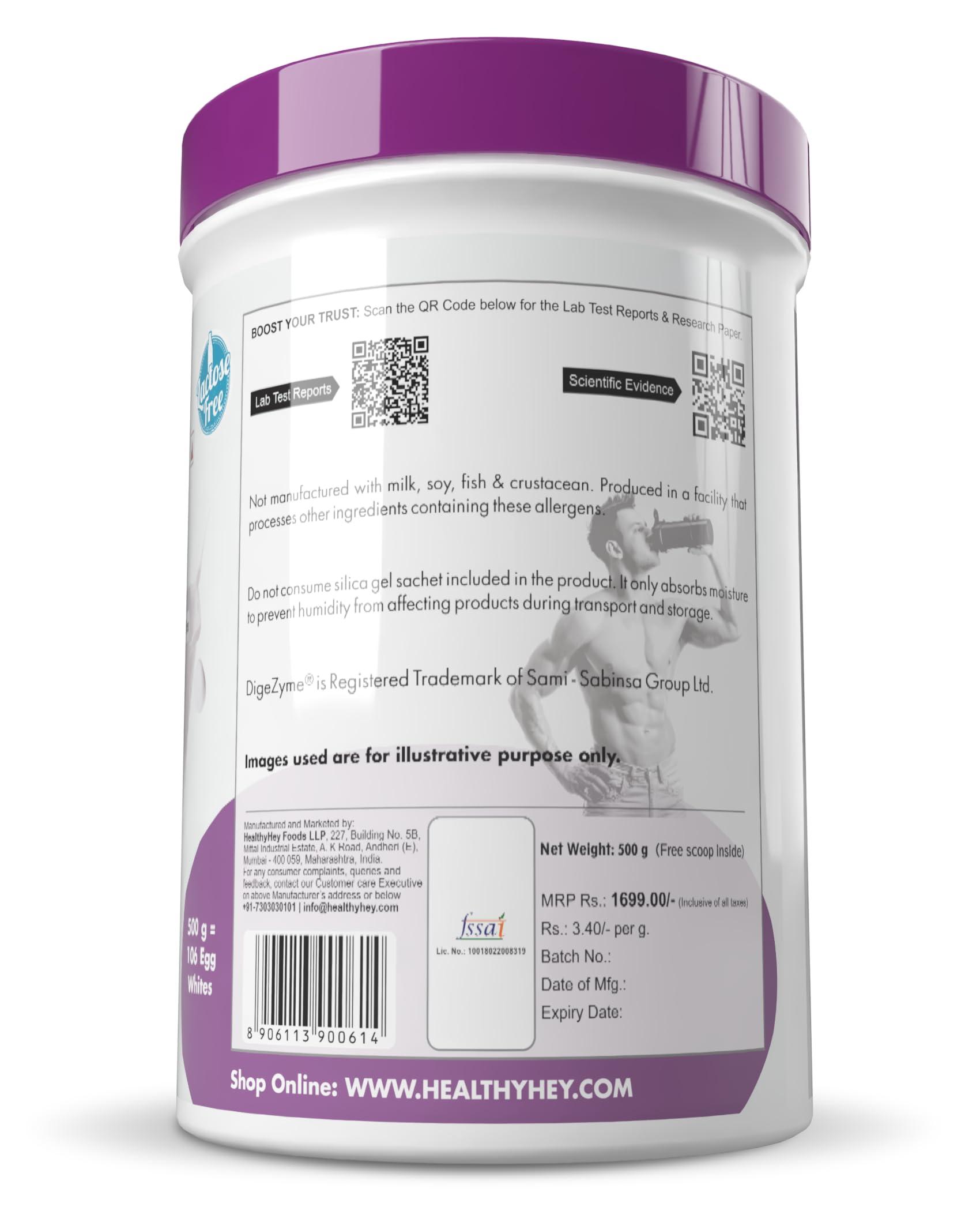 HealthyHey Nutrition HealthyHey Nutrition 100% Egg White Protein - Instant Mix - 80% Protein - Non GMO & Lactose Free - 500g (Unflavoured), 15 Servings (Pack of 1)