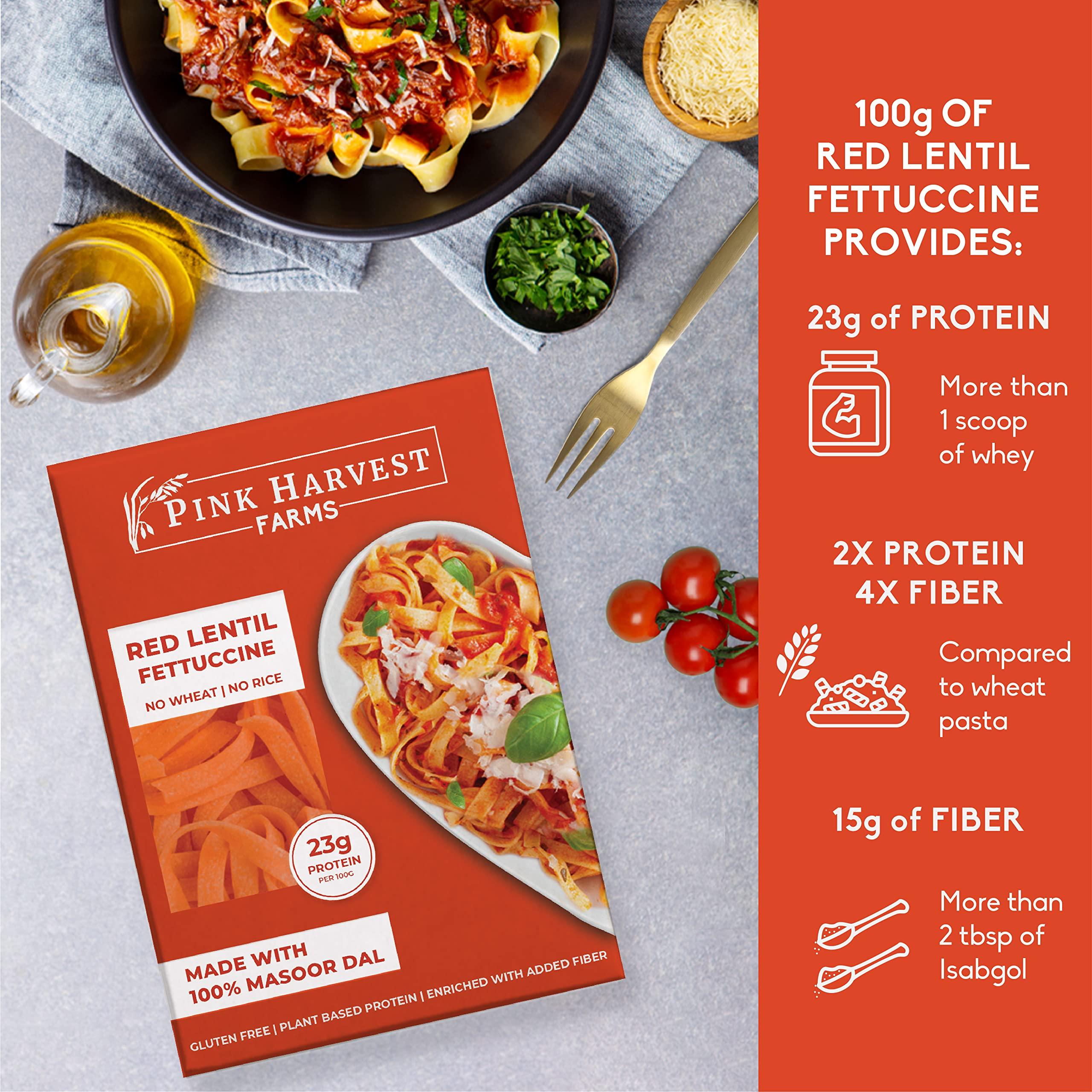 Pink Harvest Farms Pink Harvest Farms Red Lentil Fettuccine Pasta | No Rice - No Maida | Vegan | Gluten Free | High Protein | Keto | 200gm Pack (Pack of 2)