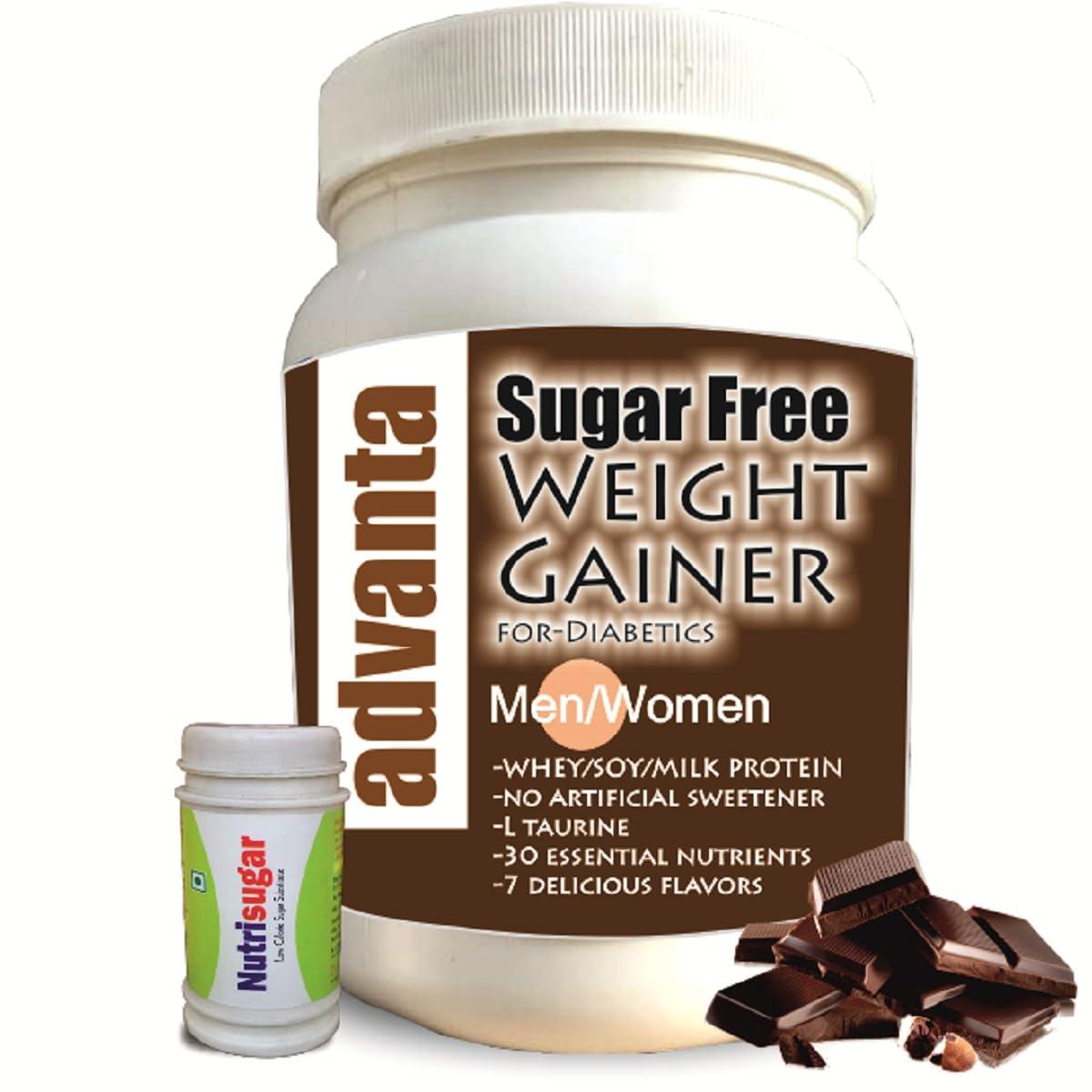 ADVANTA Advanta Sugar Free Weight Gainer Protein for Diabetics 1 kg (Chocolate) + Nutrisugar 75 gm Powder