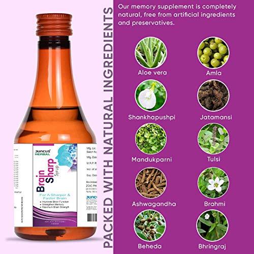 JUNCUS Brainsharp Ayurvedic Syrup (Pack of 4) for Memory, Focus, Concentration, Clarity, Learning and Accuracy With Brahmi, Shankhpushpi, Ashwagandha, Tulsi, Bhringraj - 200 ml