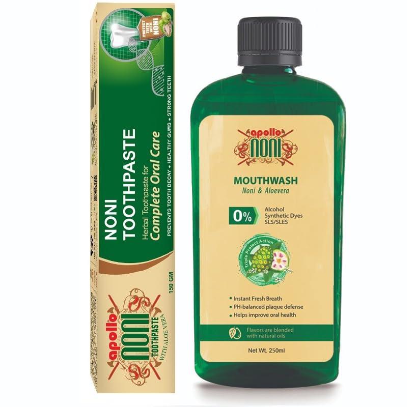 apollo NONI Apollo Noni Noni Toothpaste for Teeth Whitening & Cavity Protection (150g) and Mouthwash Liquid 0% Alochol For Teeth Cleaning, Antibacterial Mouthwash for Bad Breath | Removes Germ | 250ml