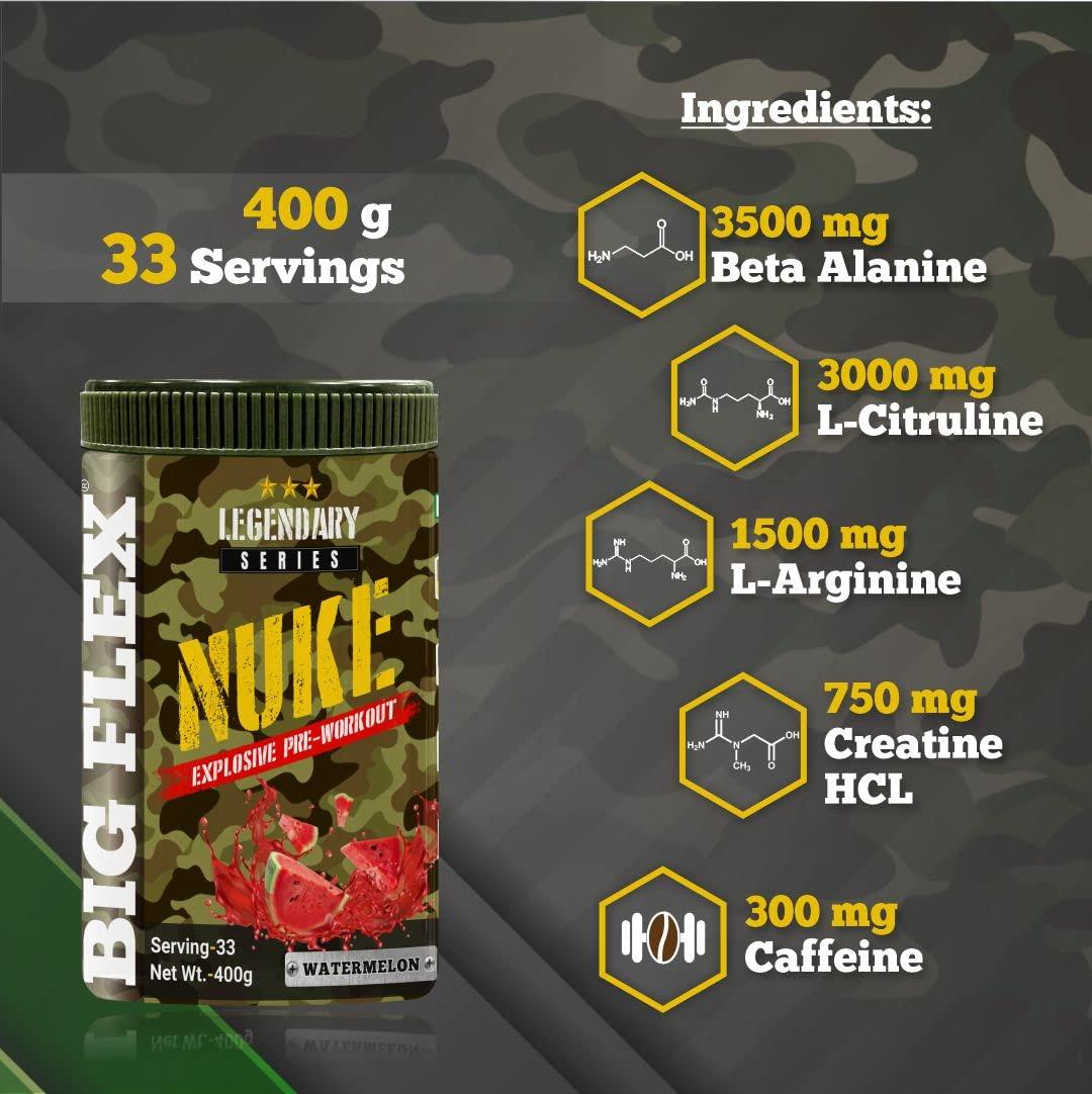 Bigflex Bigflex Nuke Pre Workout Powder| 33 Servings |Energy Booster| |Muscle Pump| |Strength Improvement| Preworkout For Men | Pre Workout For Women (Watermelon, 400 gm)