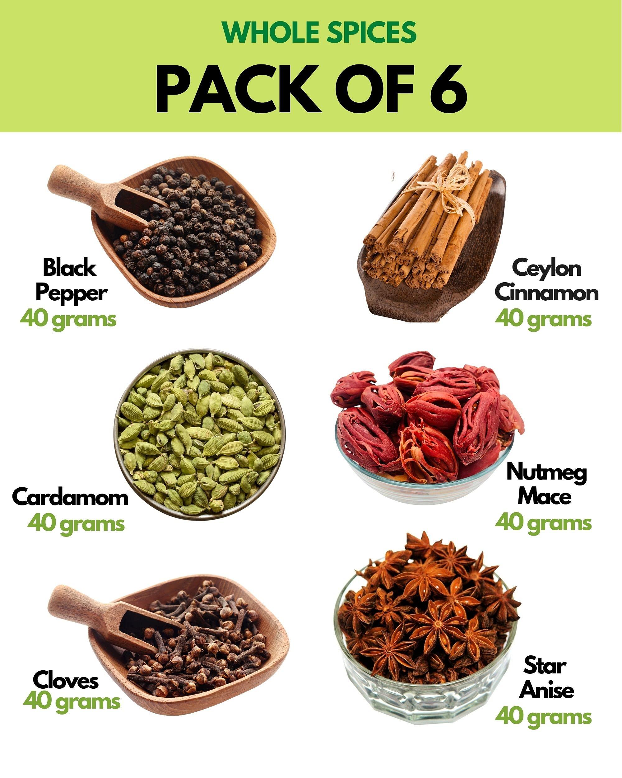 Vedic Flavors PACKAGED WELLNESS Vedic Flavors 6 Whole Spices Combo Pack  Black Pepper 40g, Cardamom 40g, Cloves 40g, Ceylon Cinnamon 40g, Nutmeg Mace 40g, Star Anise 40g / Finest Garam Masala Whole Spices from Kerala