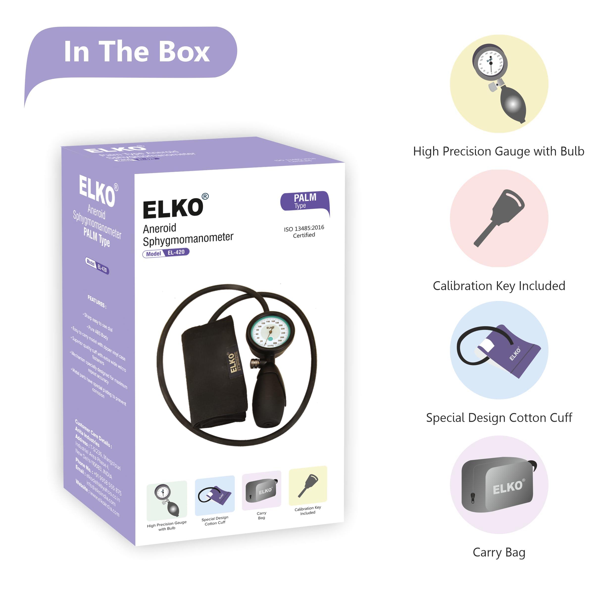 ELKO ELKO EL-420 Palm Type Aneroid Blood Pressure Monitor Sphygmomanometer with Carry Case | Large Cotton Cuff (Black)