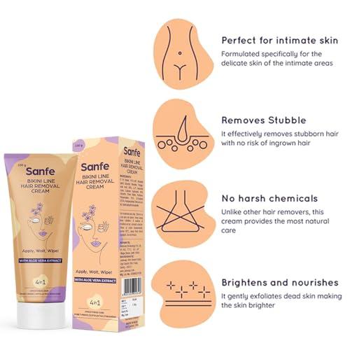 Sanfe Sanfe Bikini Line Hair Removal Cream WIth Aloe Vera Extract Perfect for Legs, Underarms, Bikini Line, Arms | 3x Longer Lasting Smoothness than Razors | With No Bad Smell - 100 Gram (Pack Of 2)