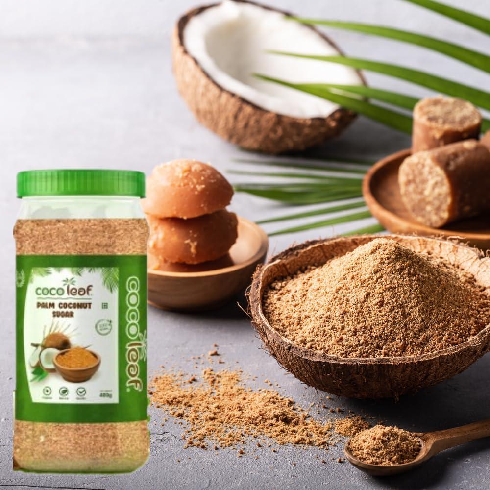 IMAGE OF COCOLEAF Coconut Palm Sugar | Coconut Jaggery Sugar Powder |Coconut Shakkar Sugar Alternative Coconut Sugar, Natural Sweetener Palm Sugar for Baking, Desserts & Coffee(Pack of 2, 400gms Each)