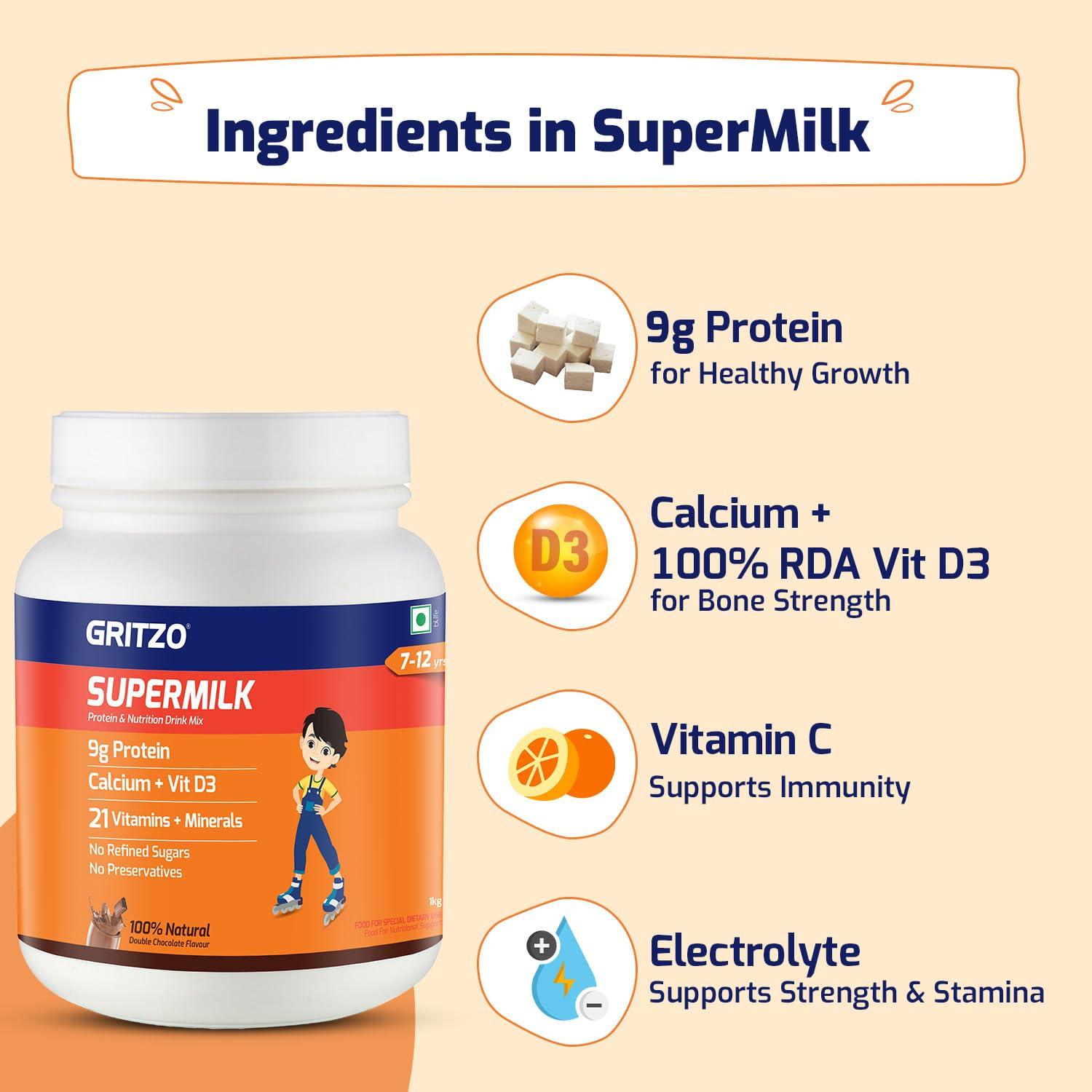 Gritzo Gritzo SuperMilk Daily Nutrition, (7-12y Young Athlete) Powder with Super Gummies (Double Chocolate, 1kg & Strawberry, 30 Gummies) (Combo Pack)