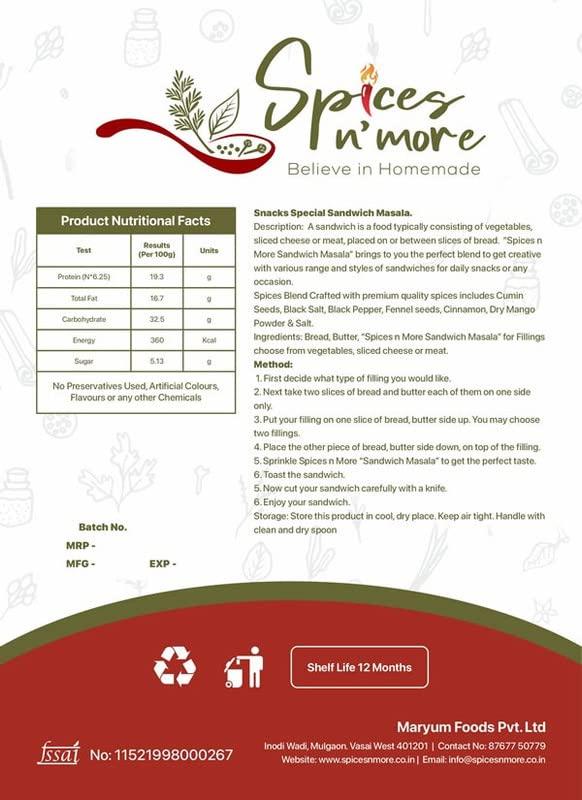 Spices n More Spices n More Sandwich Masala For Cooking Delicious Dish with Natural Aroma & Authentic Taste Rich in Flavor, Naturally Processed and No Preservatives (100 gm)