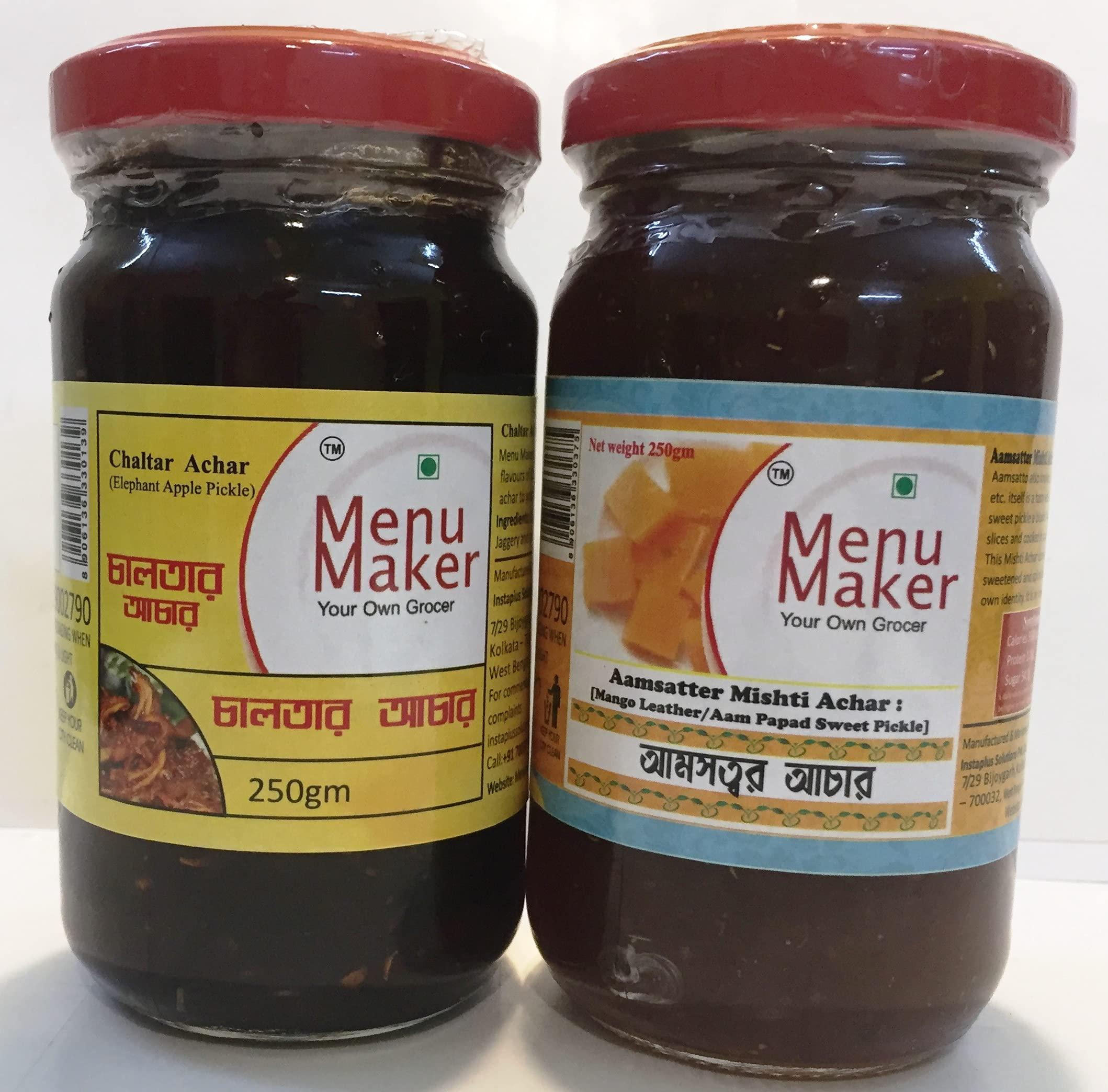 Menu Maker Menu Maker Select Premium Chaltar Achar [Elephant Apple Pickle] and Aamsatter Mishti Achar [Mango Leather/Aam Papad Sweet Pickle] Combo Pack, 250g Each