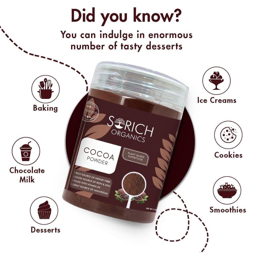 Sorich Organics Sorich Organics Dark Cocoa Drink Powder 225gm | Dark Cocoa Powder for Cake, Chocolates, Cookies, Brownies, Hot/Cold Milk Shakes, Desserts, Bars, Smoothies | Vegan | Gluten Free (Unsweetened)