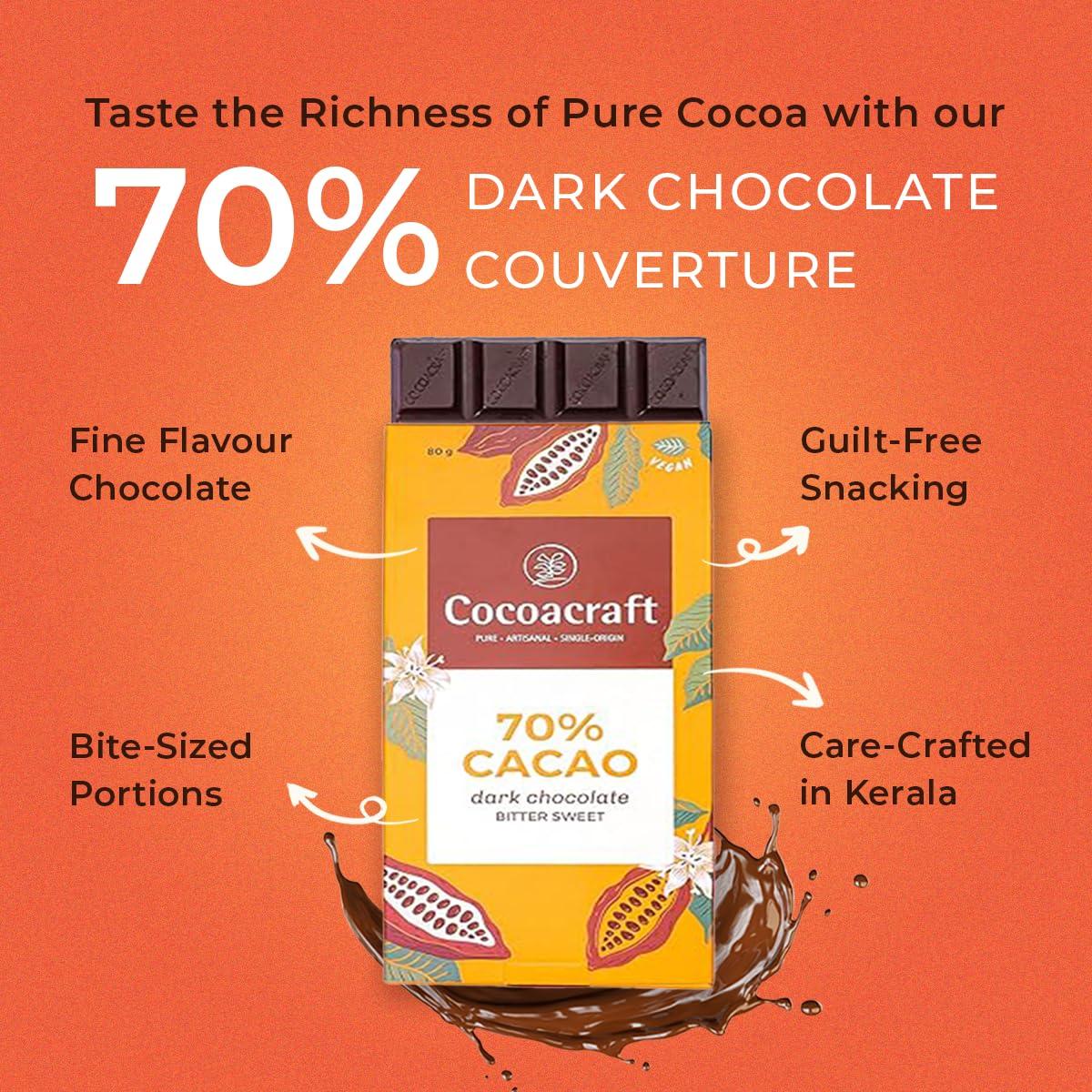COCOACRAFT Cocoacraft 70% Bittersweet Chocolate Bar (80g) Dark Chocolate Bar| 100% Natural| Handmade Artisanal Couverture from Kerala| Ideal for Snacking and Gifting