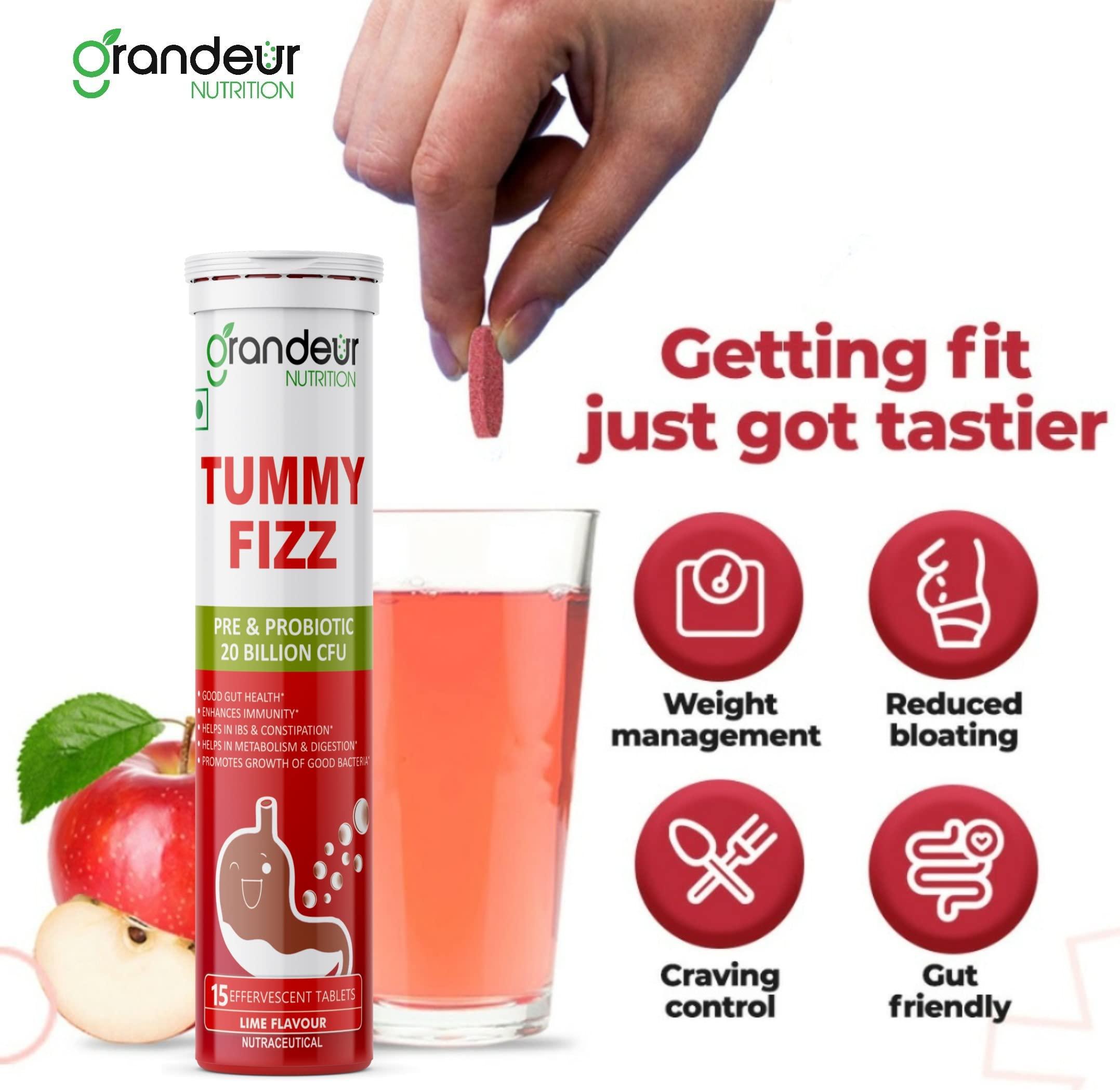 GRANDEUR Grandeur Tummy Fizz Prebiotic And Probiotic Supplement For Gut Health, Digestion, Bloating, Immunity and Metabolism | With 20 Billion CFU & 6 Unique Strains | 15 Effervescent Tabs |