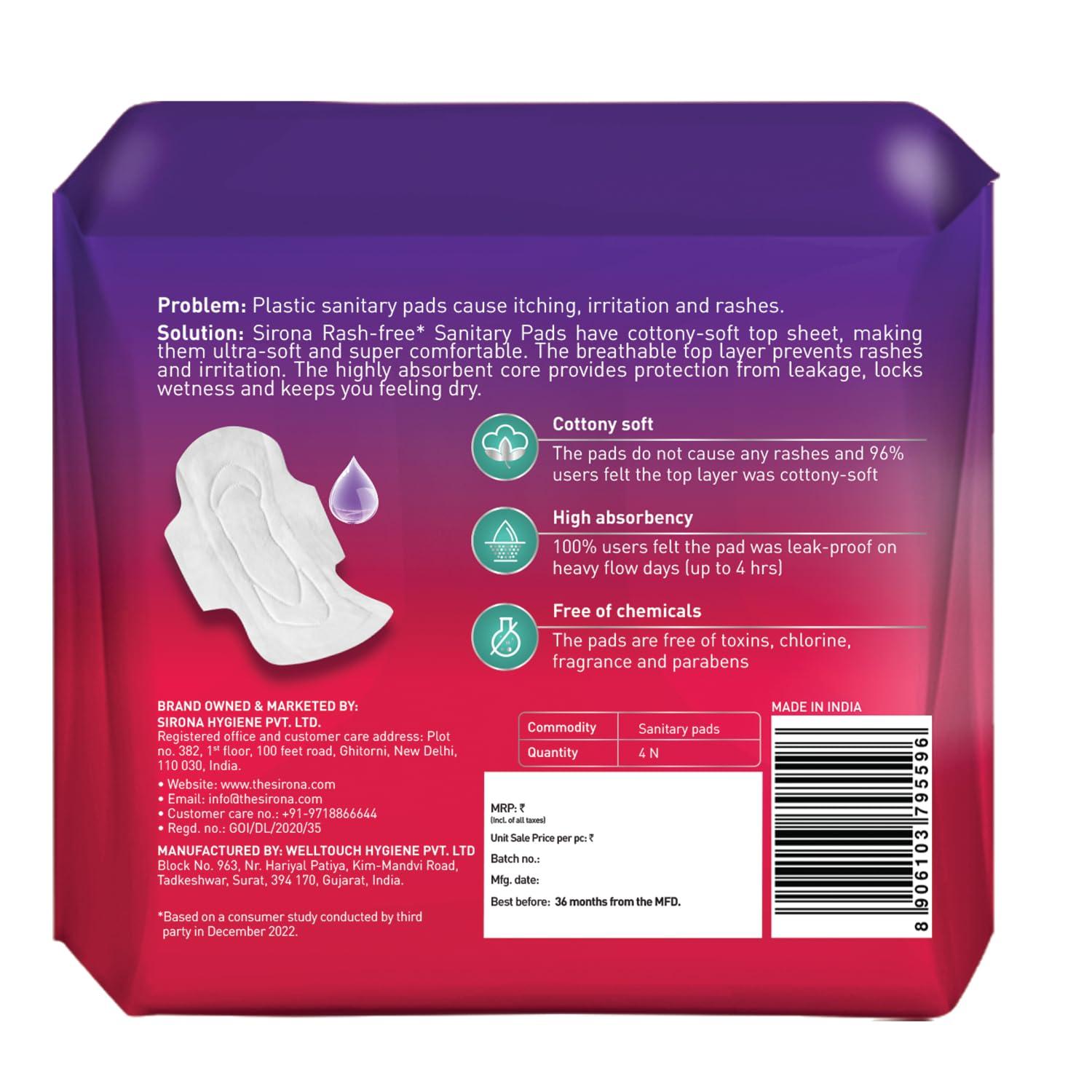 Sirona Sirona Max Sanitary Pads for Women | XL Plus (Pack of 4 Pads) | 100% Rash Free & Toxic-Free | Organic Cotton Sanitary Pad | Up to 0% Leakage, Comfortable & High Absorbency