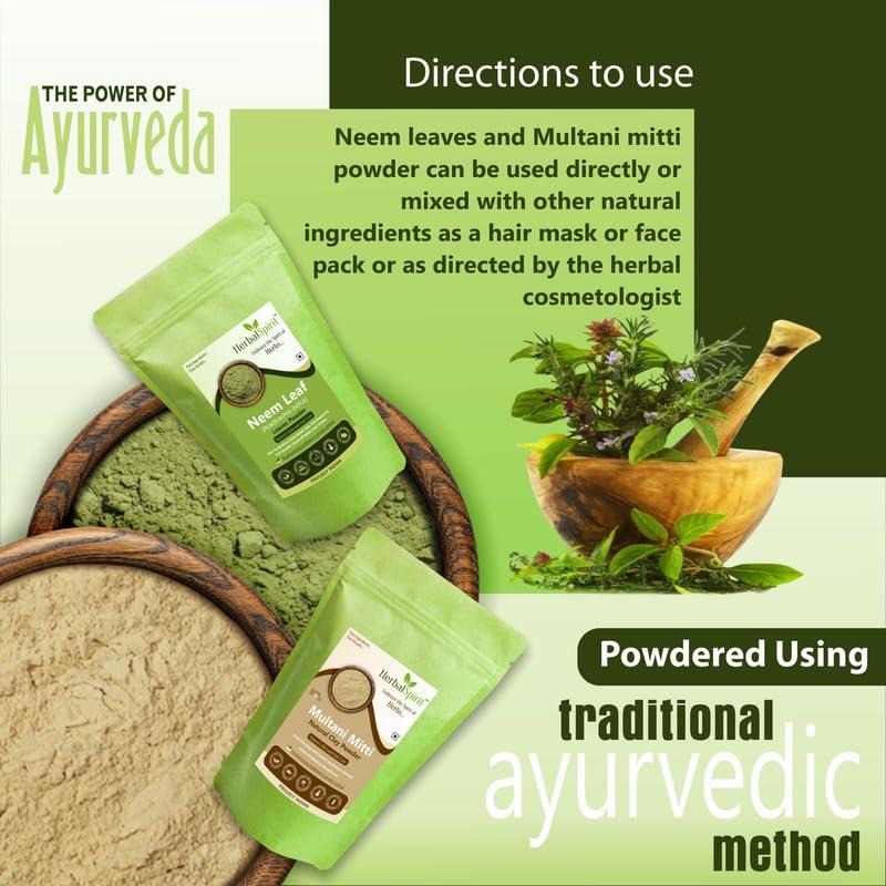 HerbalSpirit Herbal Spirit Multani Mitti Powder & Neem Powder for Face Pack | Neem Powder for Skin & Multani Mitti Powder for Face Pack | Multaanee Mittee & Neem Powder for Hair | 100gm each (Pck of 2)