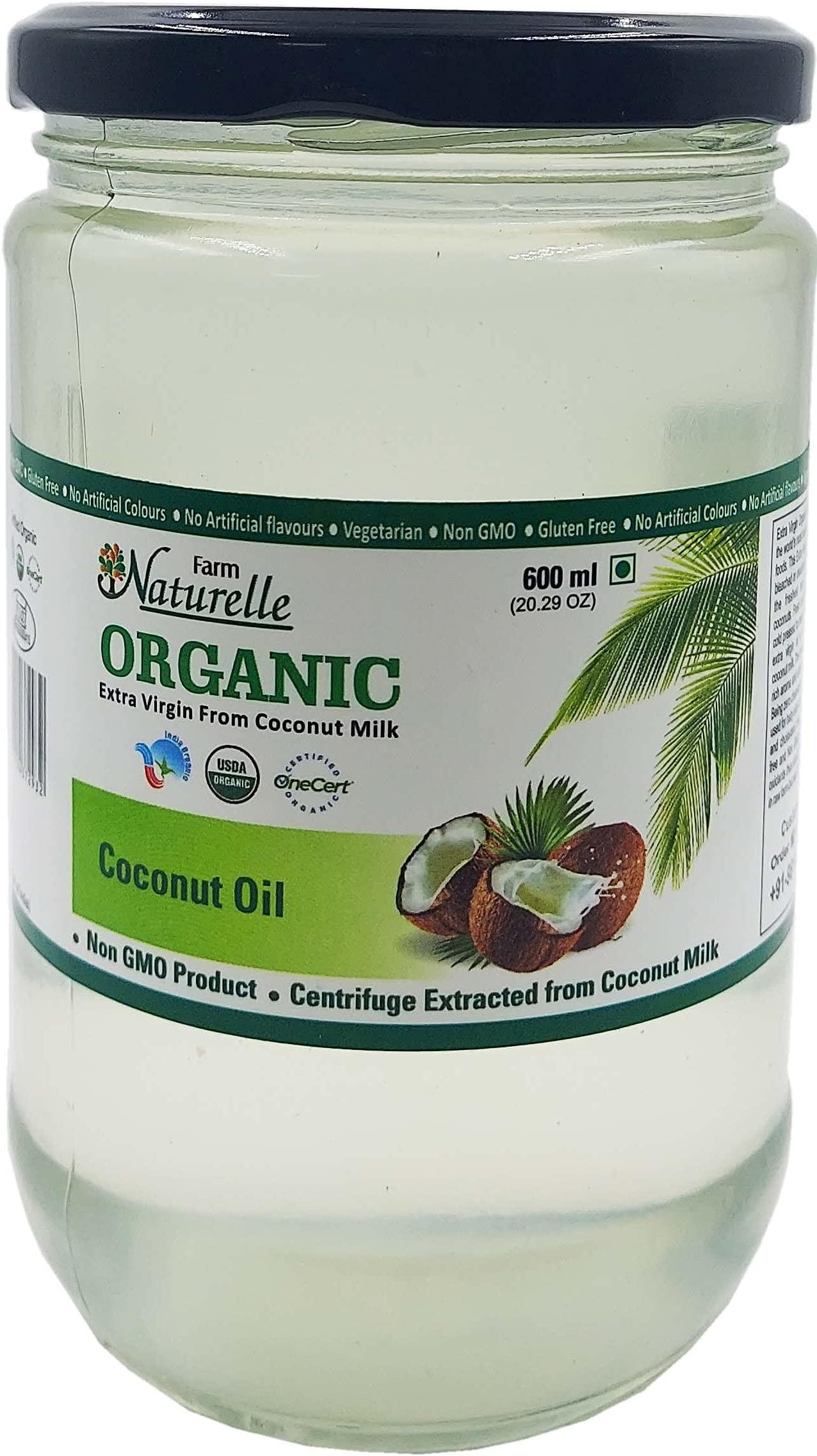 Farm Naturelle Farm Naturelle -100 % Pure Organic Extra-Virgin Cold Pressed Coconut Oil (Glass Bottle - 600 ml)