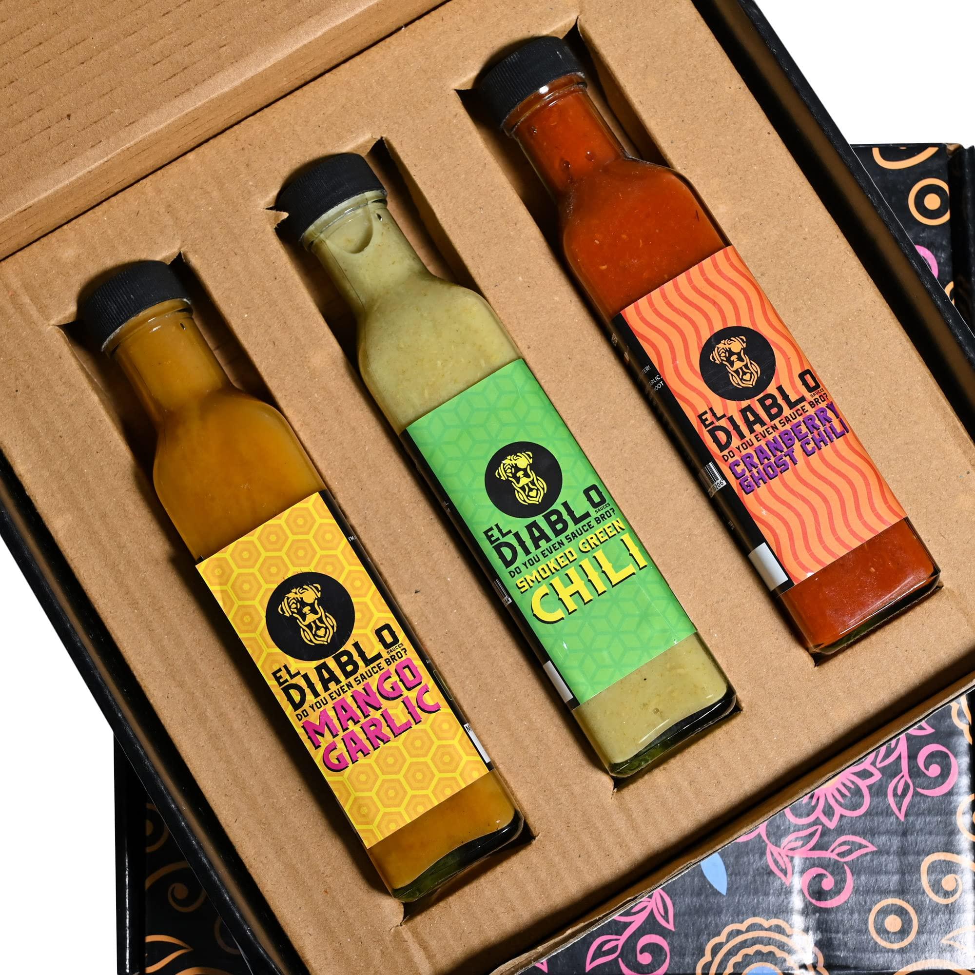 El Diablo Sauces All Natural Ingredient Gluten Free Spicy Hot Starter Sauces Combo Mango Garlic + Smoked Green Chili + Cranberry Ghost Chili Pack of 3