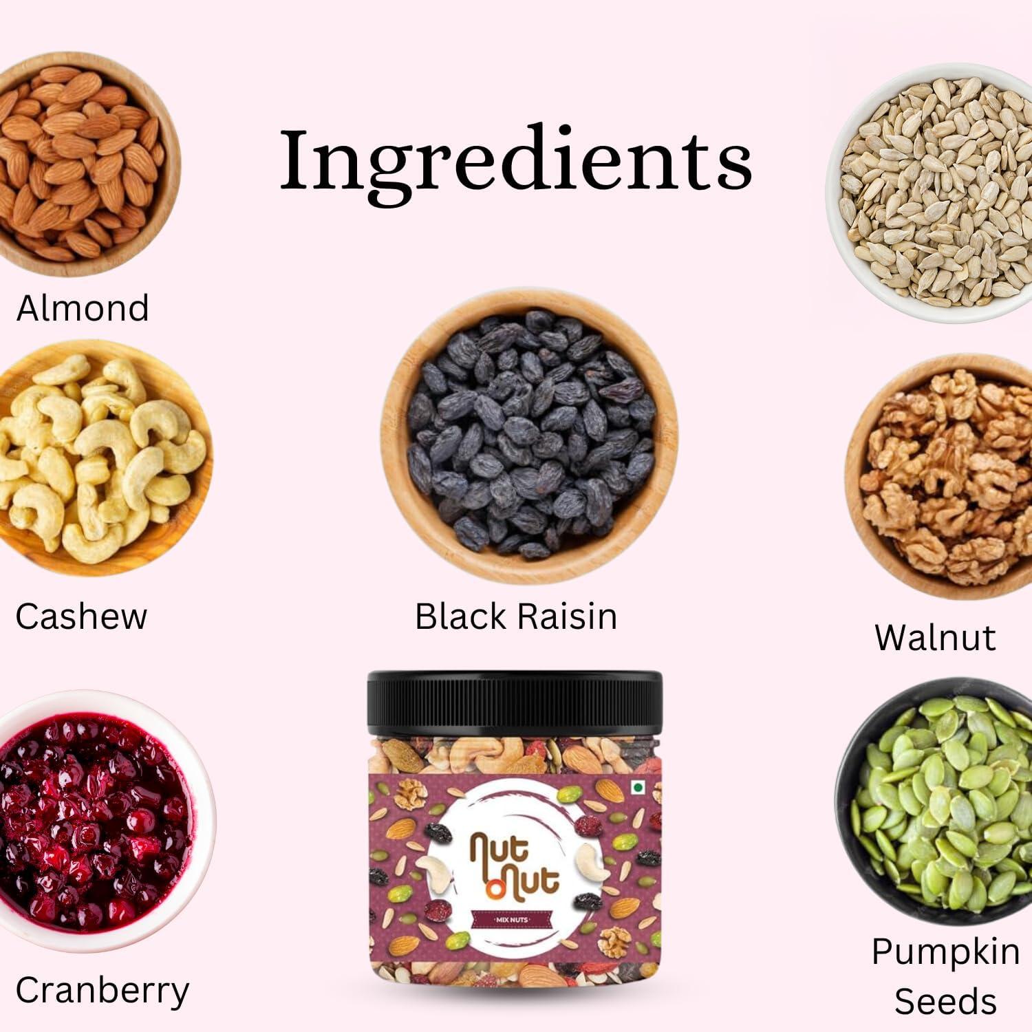 Nut O Nut Nut O Nut Healthy Mix Dry Fruits (Almond, Cashew, Walnut , Green And Black Raisin, Cranberry, Sunflower Seeds , Pumpkin Seeds) Nuts and Dry Fruits (Jar pack) 700g Power of 9 Dry Fruits Protein Rich Snack
