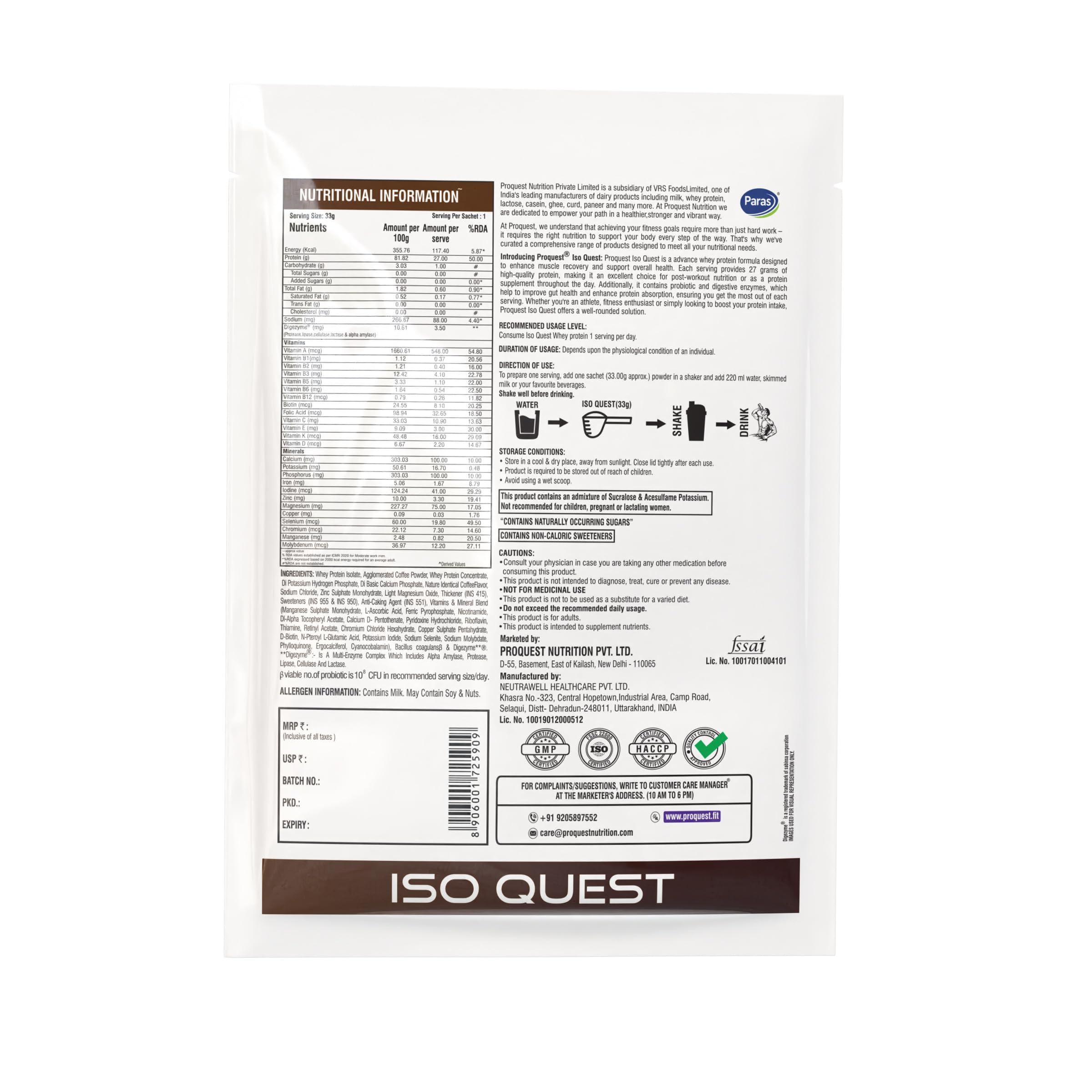 PRO QUEST ProQuest Iso Quest Whey Protein Isolate (Caf Brazil, 33g / Single Serving Sachet) | 27g Protein Per Scoop | Low Fat & 12.5g EAA | Lab Tested & Easily Digestive | Faster Muscle Support & Recovery