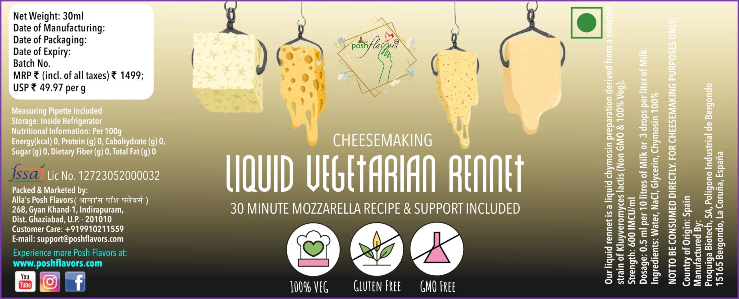 Alla's Posh Flavors Alla\'s Posh Flavors Cheesemaking Liquid Veg Rennet | 100% VEG | Make Mozzarella & Burrata starting from 1 Litre Milk | 3 drops per liter | 5 ml Plastic Dropper Bottle | Lab Tested (30ml)