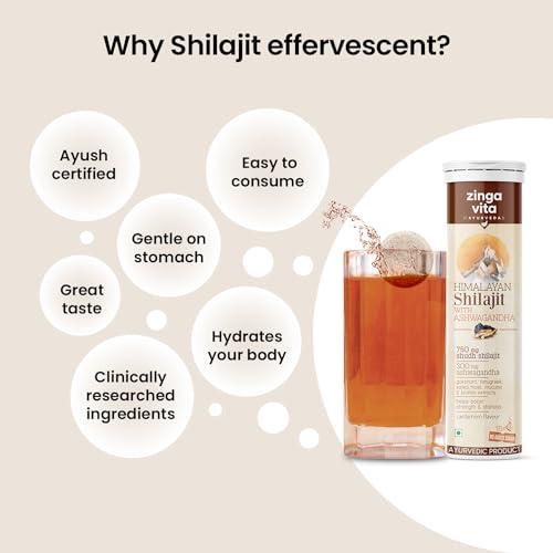Zingavita Zingavita Himalayan Shilajit Original (750mg) Effervescent Tablets, With Ashwagandha, Gokshura & Safed Musli for Strength, Performance & Muscle recovery, Cardamom Flavour | Ayush Approved | Pack of 1