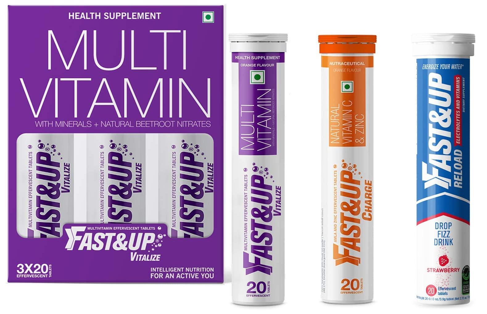 FAST&UP Fast&Up Vitalize Multivitamin Supplement 21 Vitamins And Minerals - 60 Tablets & Reload Electrolyte Energy And Hydration Drink - 20 Effervescent Tablets - Berry Flavour & Charge