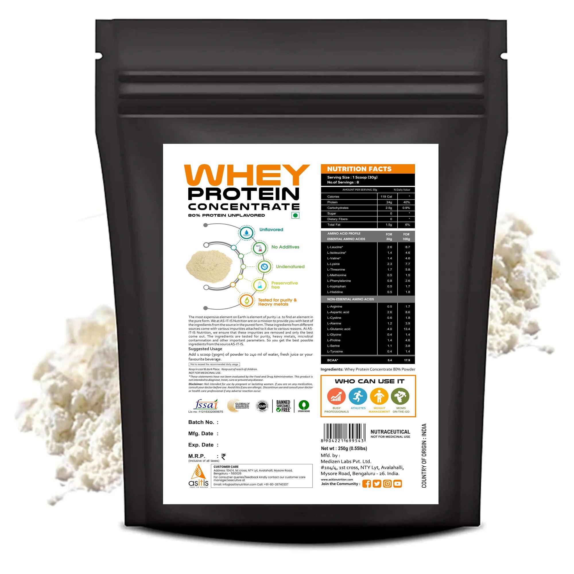 Asitis Nutrition AS-IT-IS Nutrition Whey Protein Concentrate 80% Unflavoured, Labdoor Certified (250Gm)
