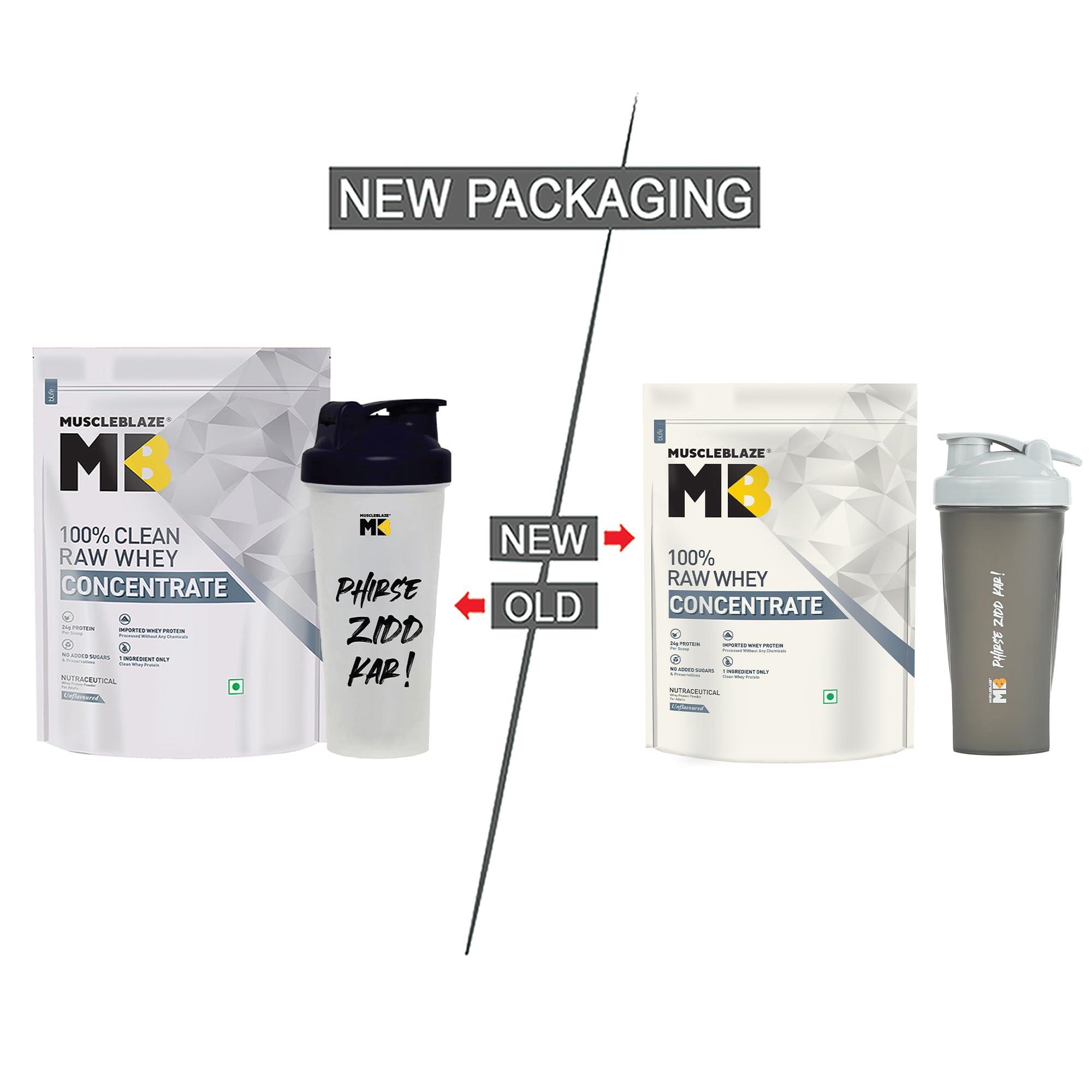 MuscleBlaze MuscleBlaze 100% Clean Raw Whey Protein Concentrate (Unflavoured, 1kg) | Easy to Digest with Shaker, 650ml (Combo Pack)