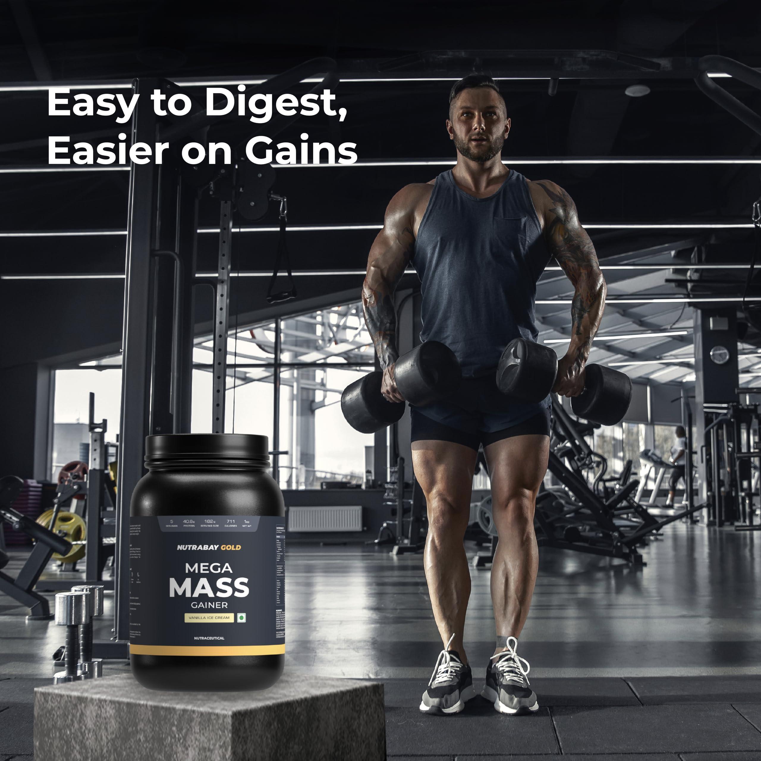 Nutrabay Nutrabay Gold Mega Mass Gainer Powder - 1kg, Vanilla Ice Cream | 100% Veg | 40.8g Protein, 123g Carbs, 711 Calories | Muscle Building & Weight Gainer Supplement for Men & Women