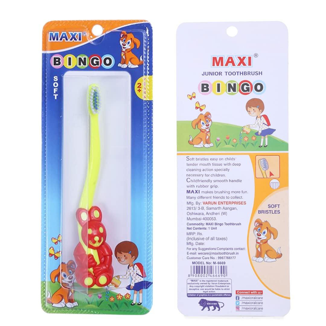 Maxi MAXI Bingo Kids Soft Manual Toothbrush, Unique Animal Shaped Handles To Make Brushing Fun, Pack Of 4,Multicolour