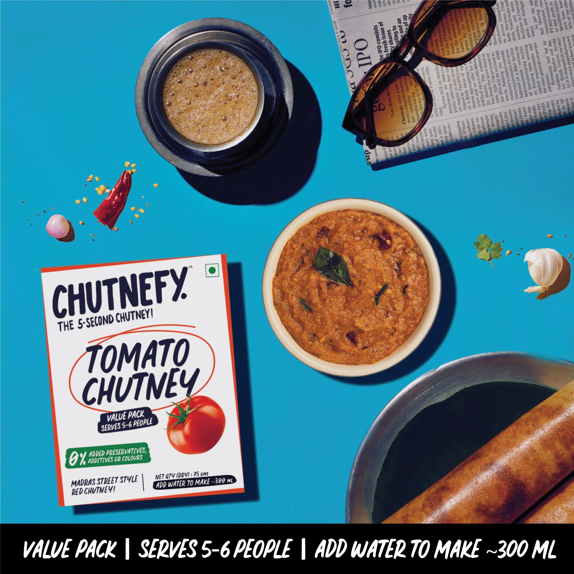 CHUTNEFY Chutnefy - 5-Second Instant Tomato Chutney - Pack of 1 Serves (5-6) | Home Style Delicious & Ready-to-Eat Chutneys| 100% Natural Ingredient | No Preservatives or Additives