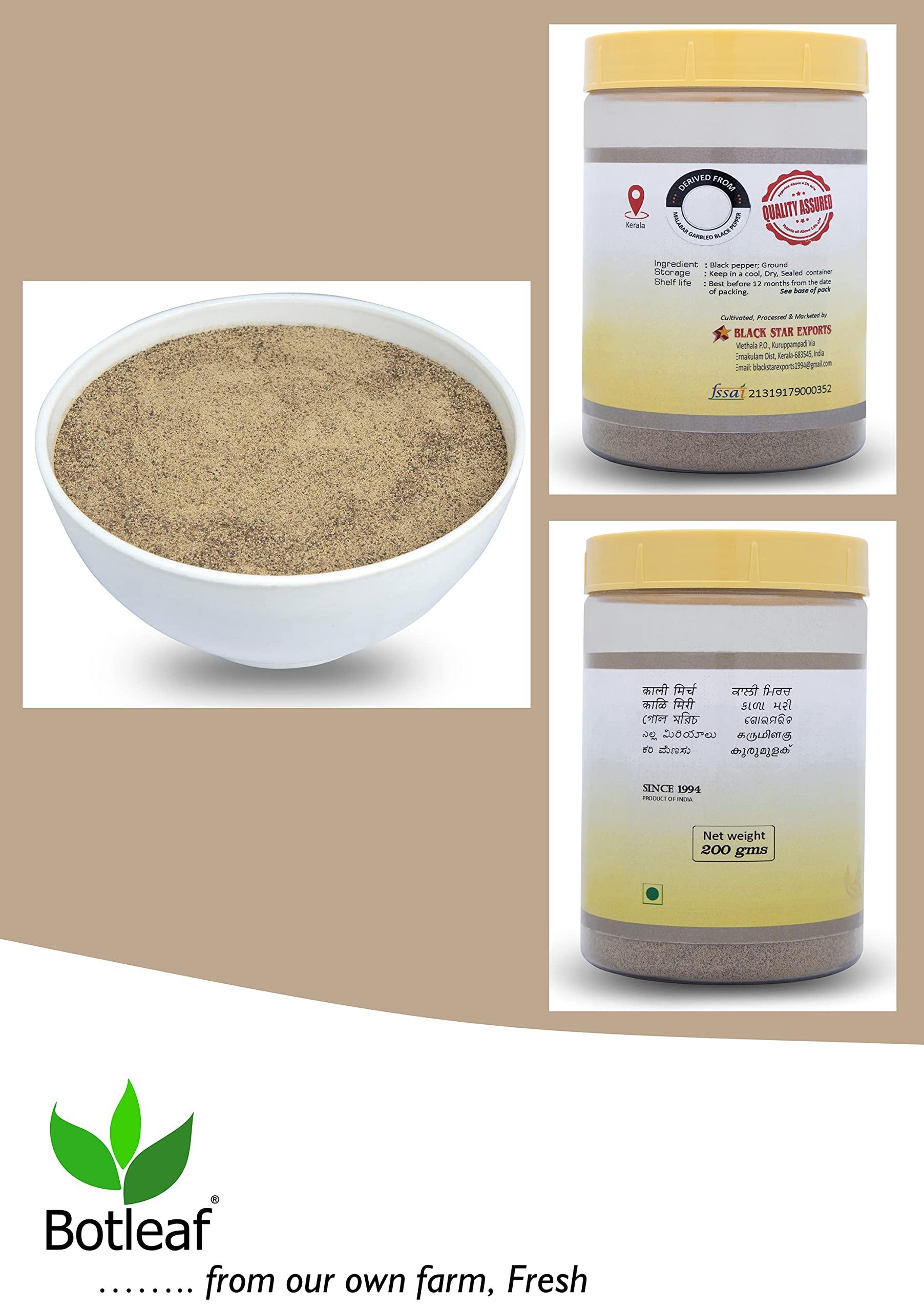BOTLEAF BOTLEAF Black Pepper Powder 200 GM Fine Ground Pure Spicy and Hot Freshly packaged powder derived from matured berries of Malabar Peppercorns from our own farm Thellissery Kali Mirch Golki Gota Golmorich Kalimiri Miriyalu 200 gm