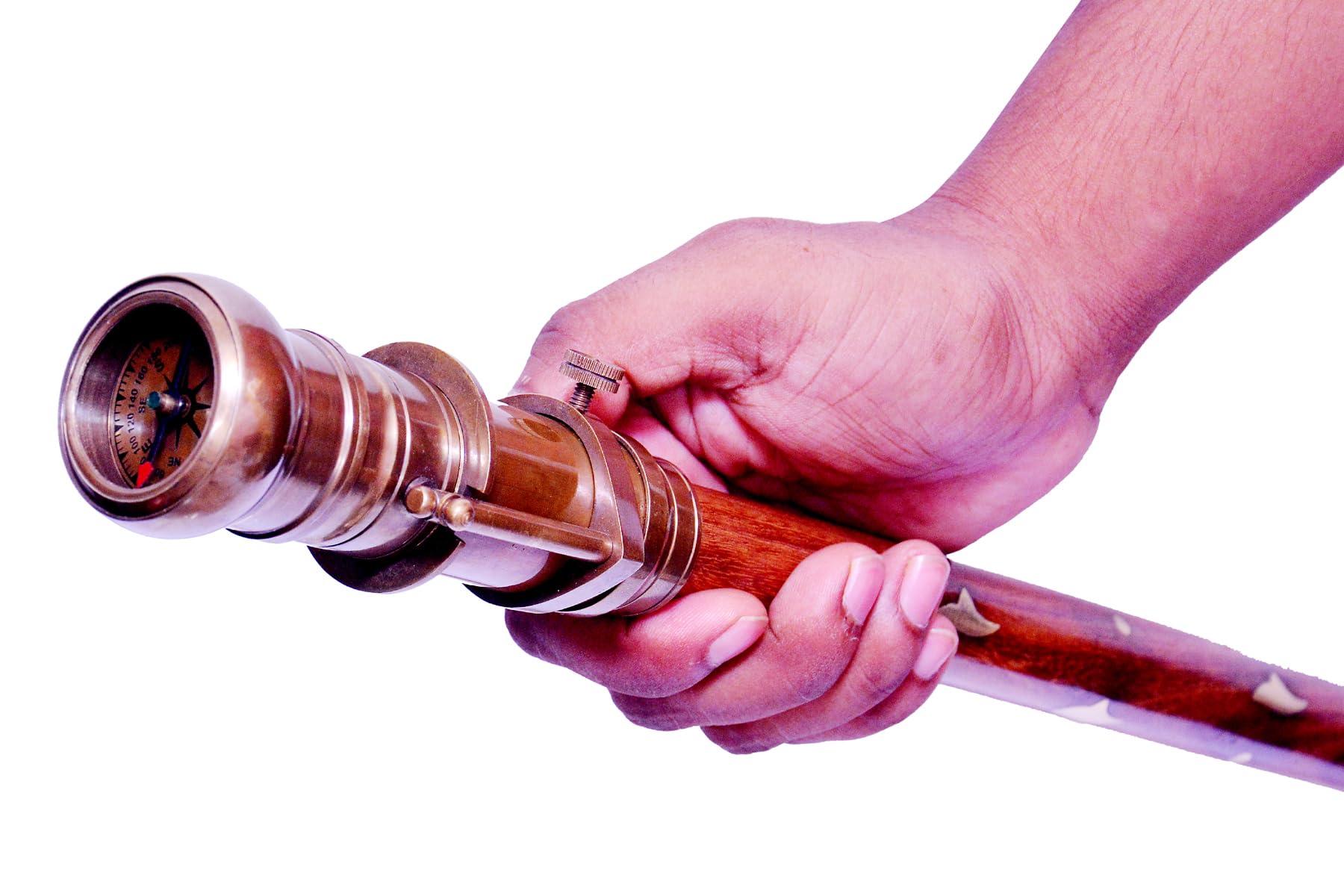 AS BRASS INSTRUMENT Victorian Walking Cane with Telescope Compass On Top Spyglass Handle Walking Stick Hand Foldable Nautical Wooden Walking Stick