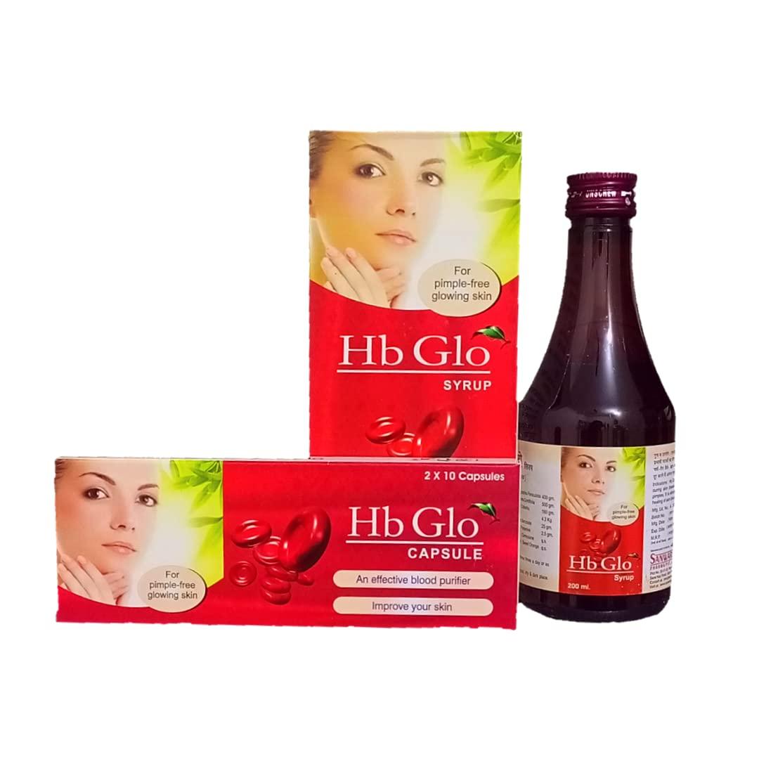 Generic HB GLO Ayurvedic Blood Purifier Syrup For Free Glowing Skin, With 60 Capsules FREE | For Men And Women Both | PACK OF 3 (200 ML)|