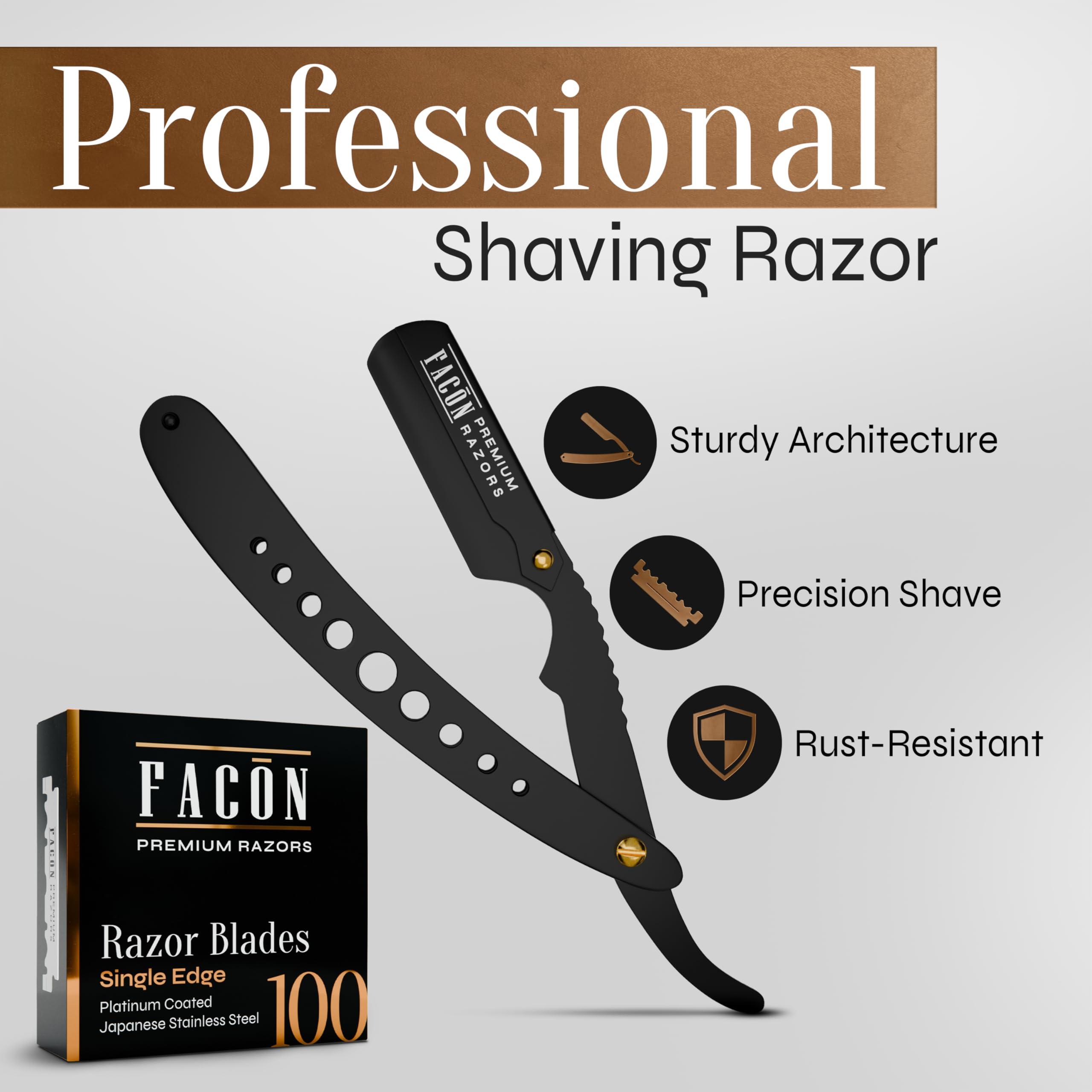 FACON 100 BLADES + Facn Professional Classic Straight Edge Barber Razor - Salon Quality Cut Throat Shavette