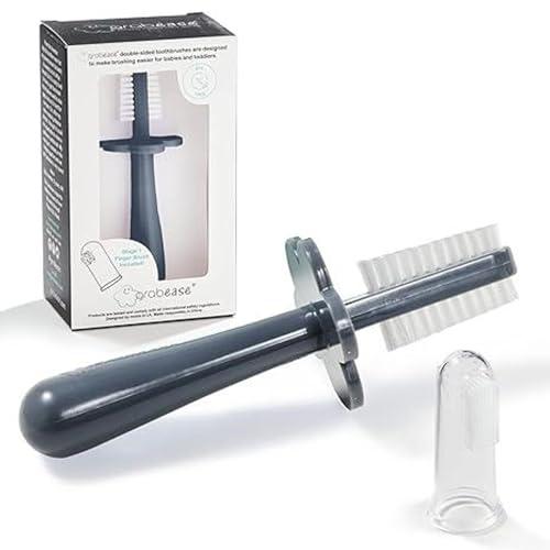 grabease Grabease Double Sided Toothbrush Baby Toothbrush for 6 Months to 4 Years Old with Soft Bristles BPA-Free Toddler Toothbrush with Anti-Choke Guard Includes Free Finger Brush, Grey