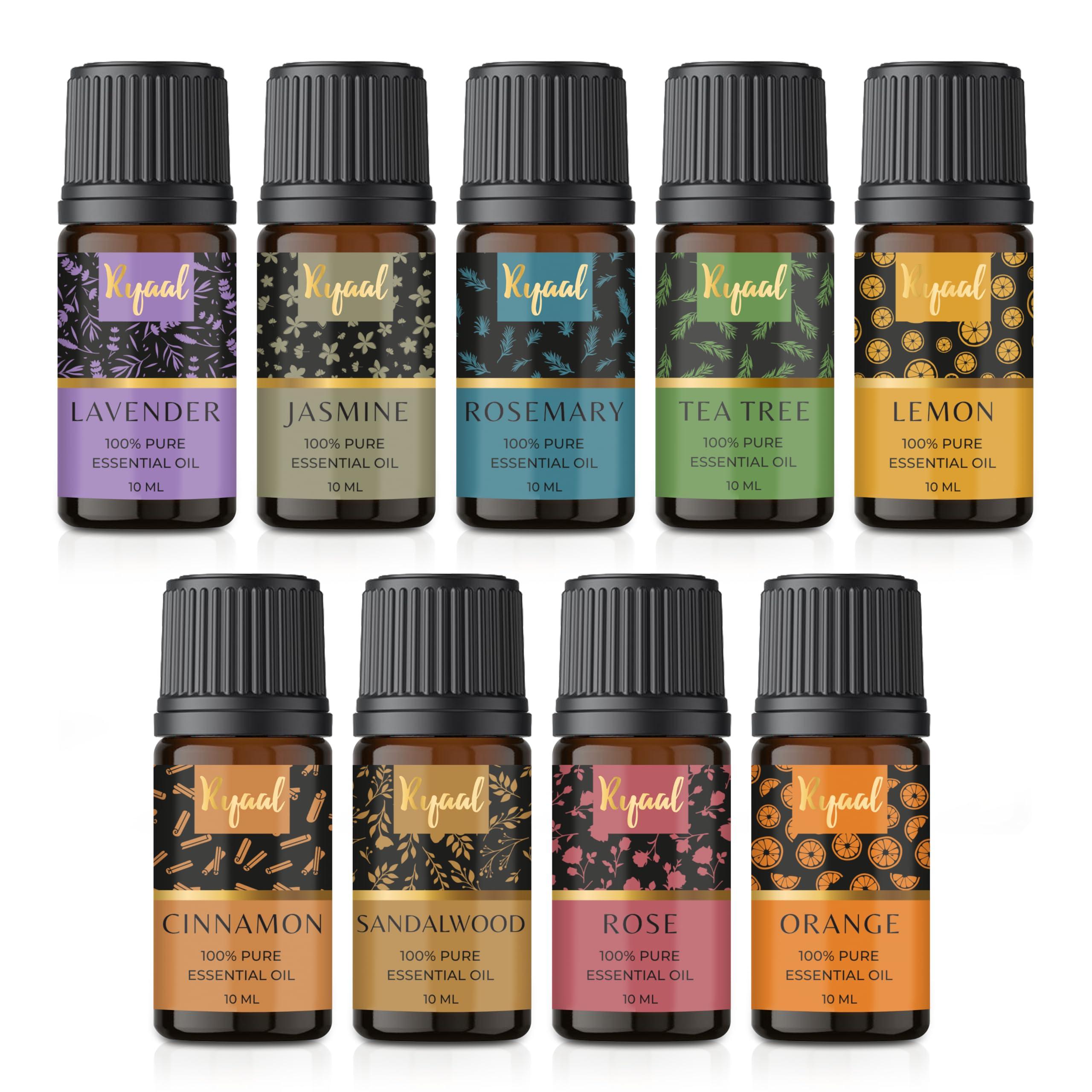 Ryaal Ryaal Essential Oils Rosemary, Tea Tree, Lemon, Rose, Lavender, Jasmine, Orange, Cinnamon & Sandalwood | Skin, Face, Hair, Diffuser & Aromatherapy | 9 in 1 Combo Pack 100% Pure & Natural 10 ml each