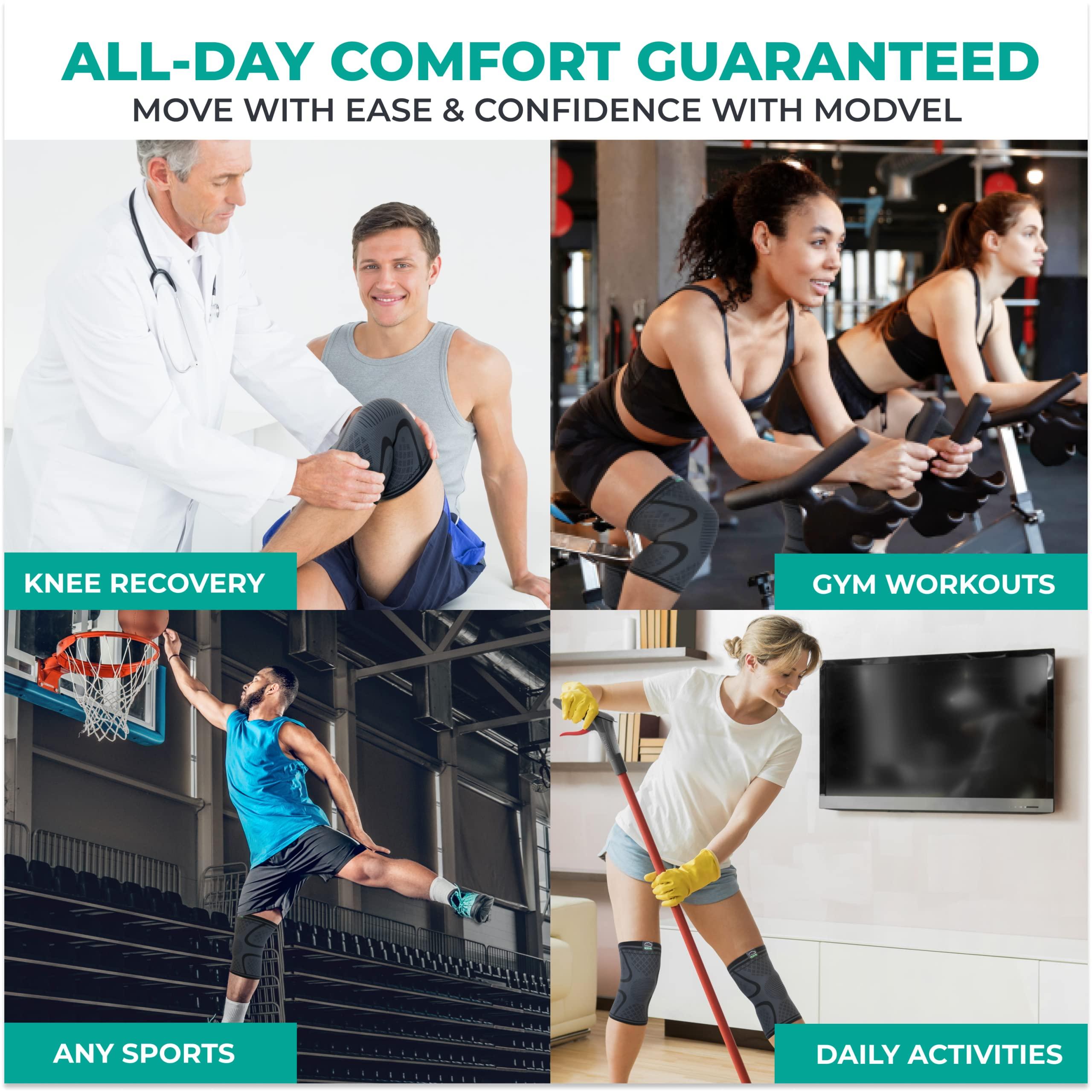Modvel Modvel 2 Pack Knee Compression Sleeve | Knee Brace for Men & Women | Knee Support for Running, Basketball, Weightlifting, Gym, Workout, Sports - Please Check Sizing Chart (Small, Black)