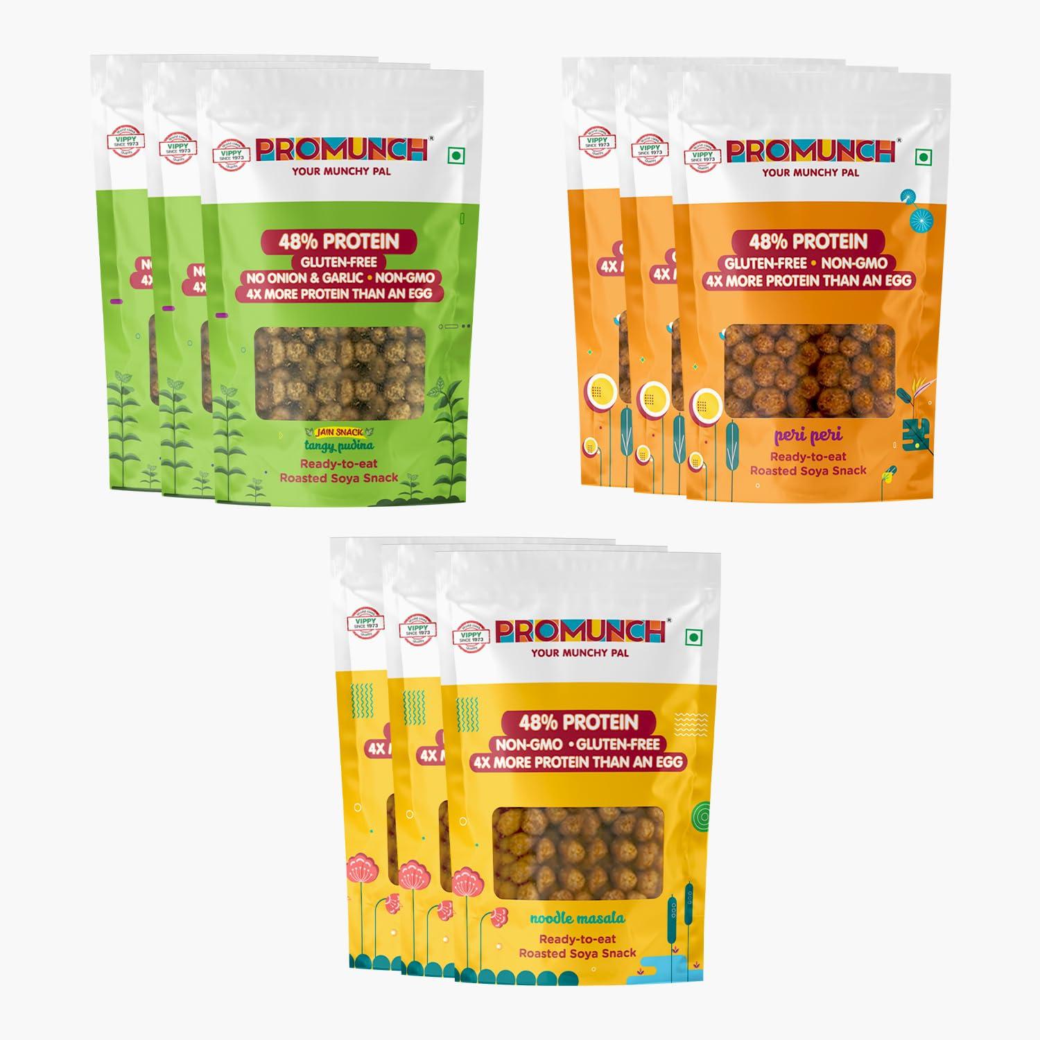 PROMUNCH PROMUNCH Roasted Soya Snack | High-Protein | Healthy | Gluten-Free (Tangy Pudina-3,Peri Peri-3,Noodle Masala-3) 30 gm Each