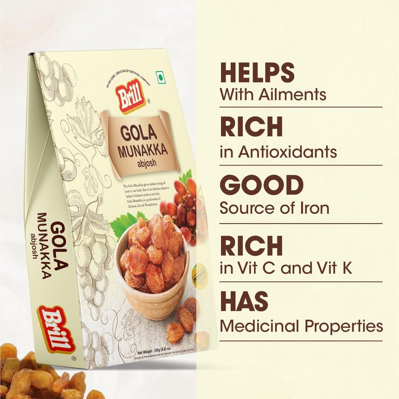 Brill Brill Gola Munakka (Abjosh) 250g | Munakka Raisins | Abjosh Kishmish(Gola) | Munka Dry Fruits | Delicious & Healthy Snack | High in Antioxidants | Naturally Sweet & Tasty