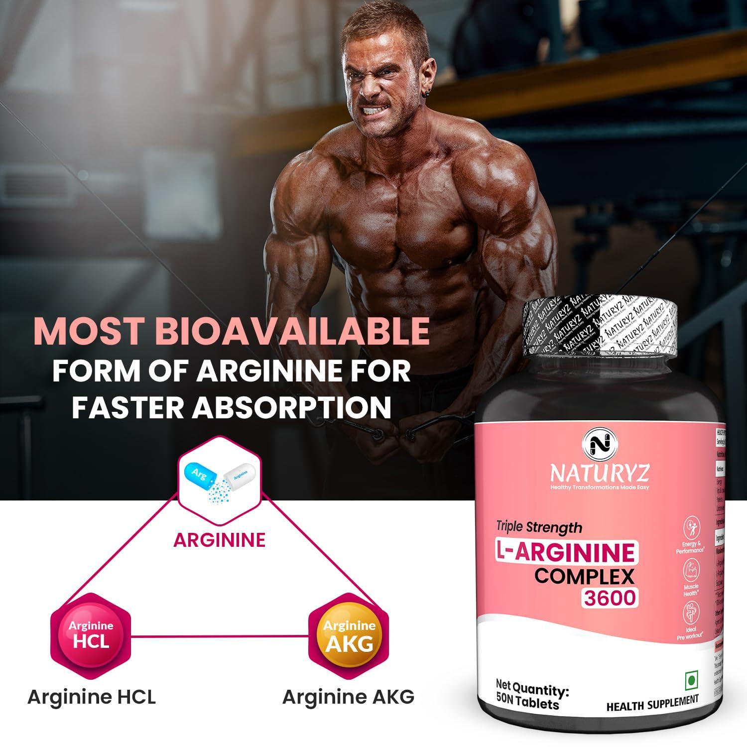 Naturyz NATURYZ Triple Strength 3600mg L-Arginine Complex | Bioactive form Arginine AKG & HCL for better absorption | Improves Pump & Performance | Ideal Pre-workout Supplement - 50 Tablets