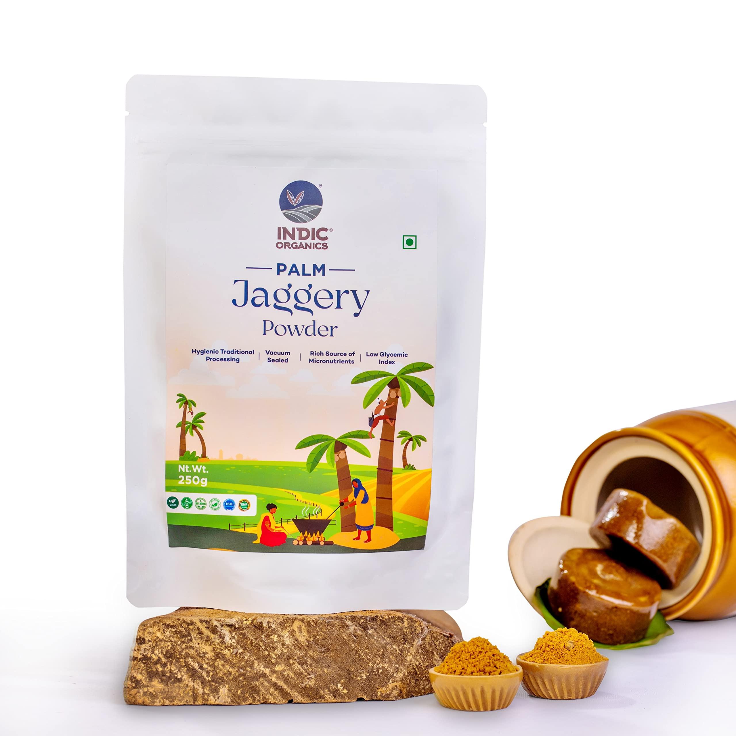 INDIC ORGANICS Indic Organics Palm Jaggery Powder | Made by Traditional Stirring Method | Chemical Free | Low Glycemic Index | Ole Bella, Karupatti or Palm Sugar | Healthy Sweetener for Tea or Coffee (500 Grams)