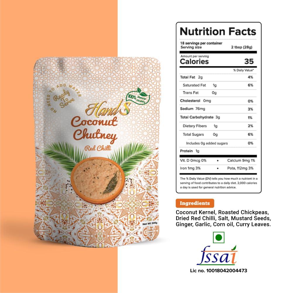 Hands HandS Red Chilli Coconut Chutney | 500 gms X Pack of 4 | Lal Mirchi / Mildly Spicy | No added Preservatives or Chemicals | No need to add Water | Vegan and Keto Friendly | best Dip for South and North Indian Dishes