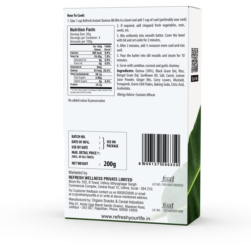 RE:FRESH Refresh Quinoa Idli Instant Mix 200g | Healthy Breakfast Mix | Pure Veg | Authentic South Indian Recipe