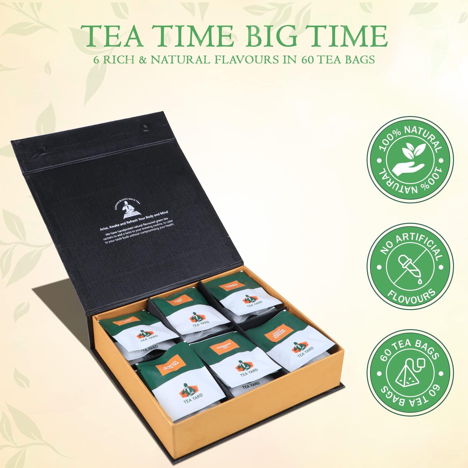 TEA YARD TEA YARD Assorted Green Tea Low Caffeine 6 Rich & Natural Flavors in Lavender, Slimtox Relax, Slimming, Daily Immune, Morning Thunder, Fitox 24 Tea Bags Decaf Tisane Pack Ideal for Gifting