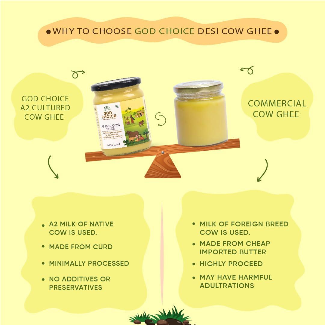 GOD CHOICE ORGANIC FARMS God Choice Organic Farms Pure A2 Desi Cow Ghee 150 ml | Cultured Desi Cow Ghee from Bilona Method | Curd Churned Organic Cow Ghee (Glass Jar)