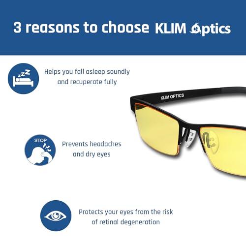 KLIM KLIM Optics Blue Light Blocking Glasses - NEW 2024 - Reduce Eye Strain and Fatigue - Gaming Glasses for PC Mobile TV - Blocks 92% Blue Light - Computer Glasses with UV Protection