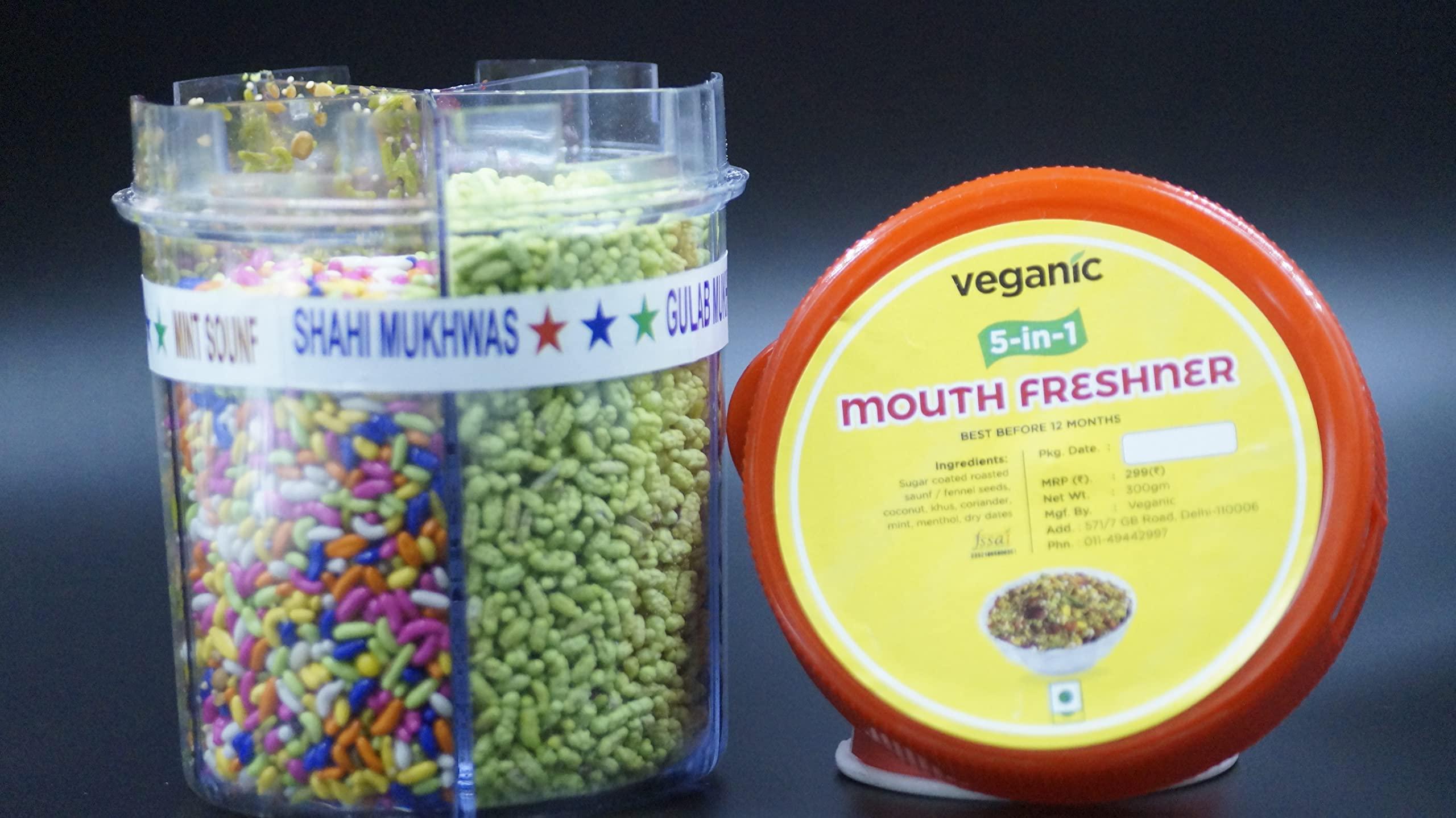 Veganic Veganic Mukhwas | 5 in 1 Mouth Freshner | 300gm | Green Saunf, MInt Saunf, Shahi Mukhwas, Chandan Mukhwas, Roasted fennel Seeds | Digestive After Meal Freshner