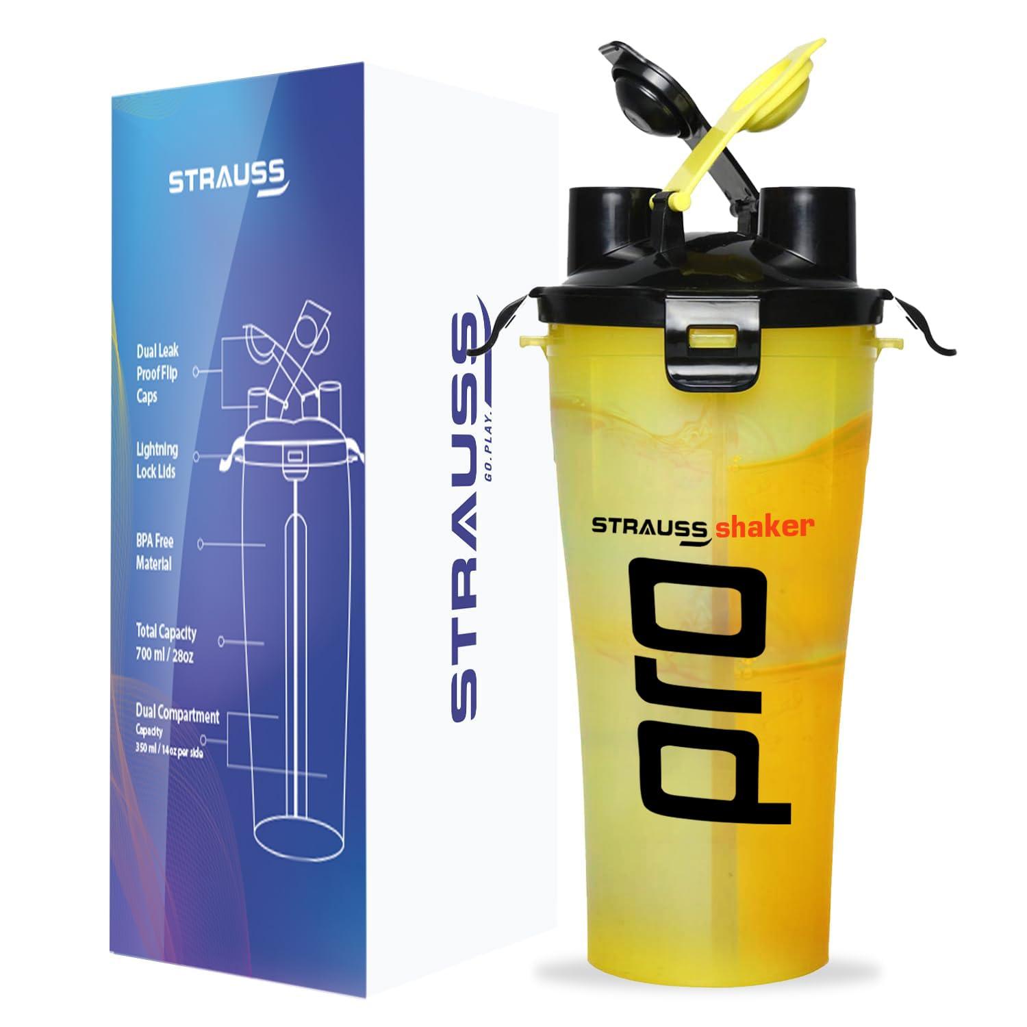STRAUSS STRAUSS Dual Shaker Pro | Pre & Post Protein Shake On the Go | Leakproof and BPA-Free Material | Dual Shaker Bottle | Protein Shaker Bottle for Gym | Suitable for Both Men and Women, 700ml,(Yellow)
