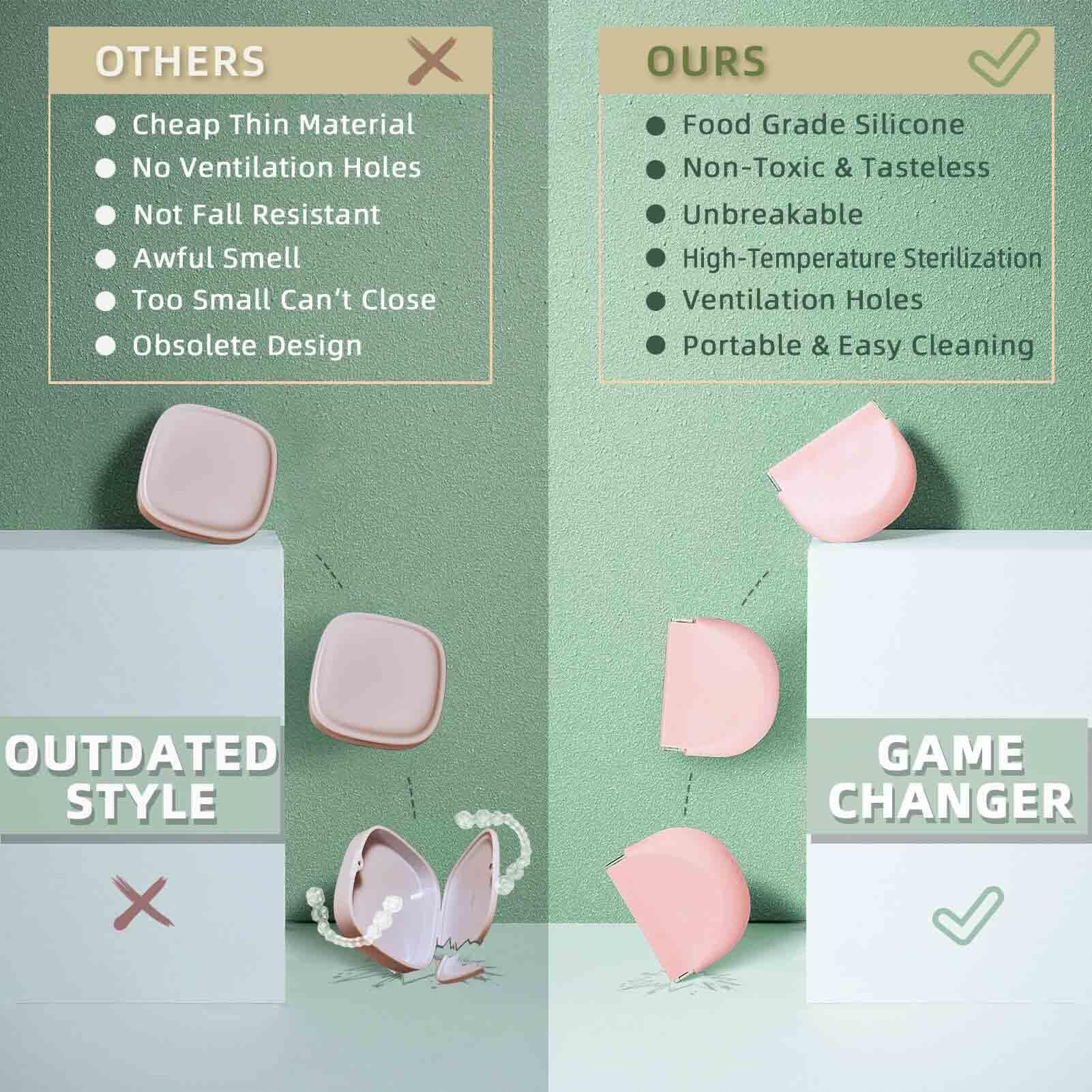 onbuwws Pink Cute Retainer Case with Vent Holes Food Grade Silicone Retainer Cleaner Case Dental Retainer Holder Case with Lanyard Slim Cool Thin Container Braces Case for Girls Women Kids Boys Men Portable Travel Denture Mouth Guard Aligner Case