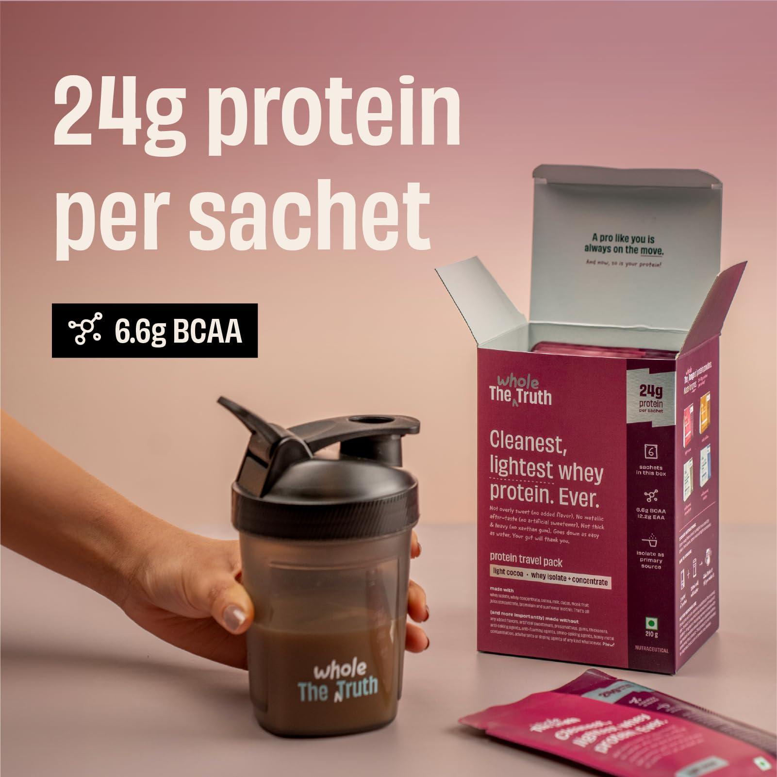 The Whole Truth The Whole Truth Whey Protein Isolate+Concentrate | Light Cocoa 210g (Pack of 6) | 24g Protein/Sachet 6.6g BCAA | 100% Authentic & No Adulteration | Clean, Light & Easy to Digest | Sample & Travel Pack
